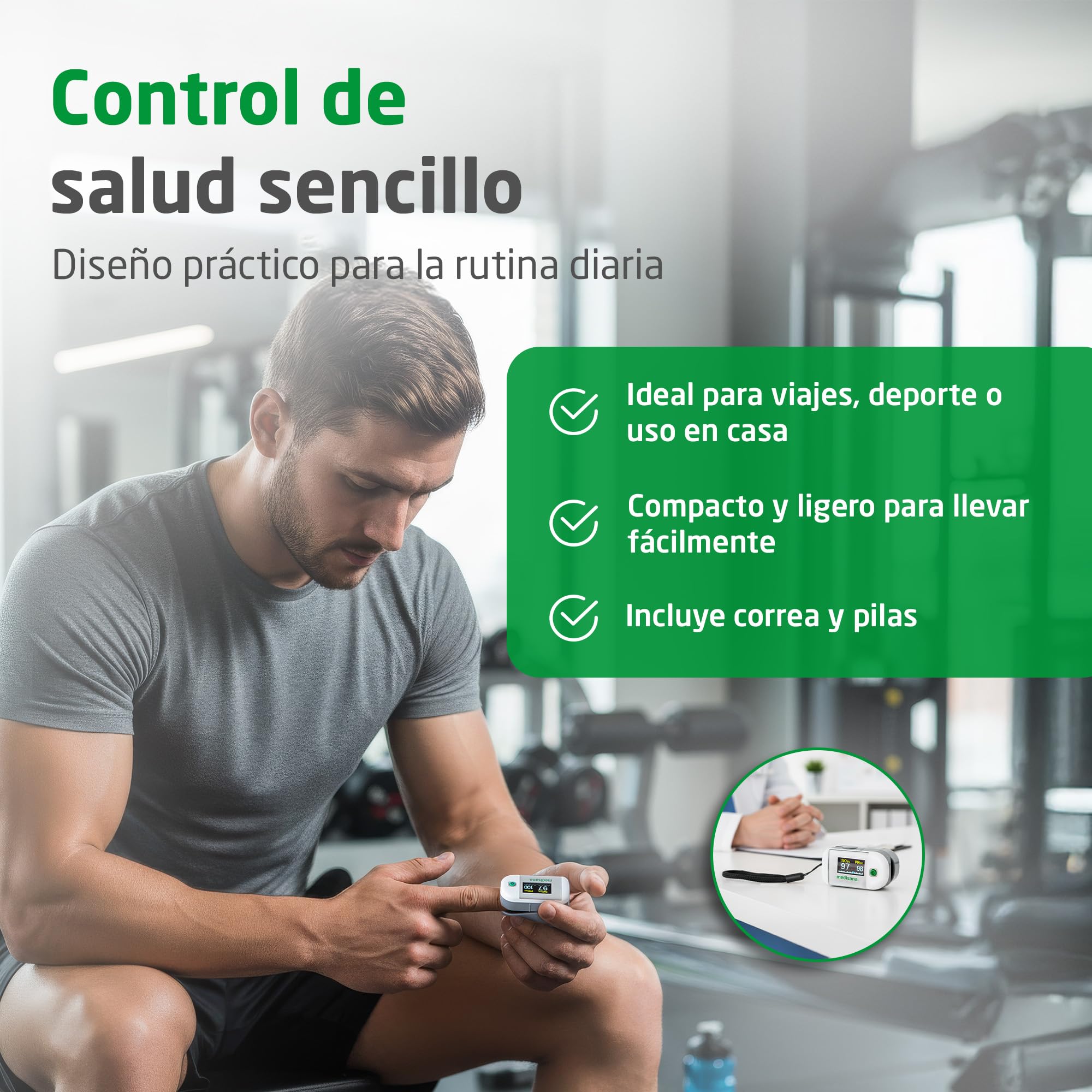 medisana PM 100, oxímetro de pulso, medición de la saturación de oxígeno en la sangre, oxímetro de pulso para el dedo con pantalla OLED y funcionamiento de un solo toque, 53 gr