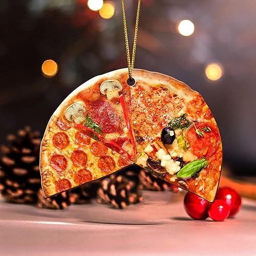 Miniatura 4 de V VIBEPY Adorno de pizza impreso en toda la superficie, adorno de alimentos, adorno de diseño plano 2D, adorno de Navidad 2022, adorno de árbol de