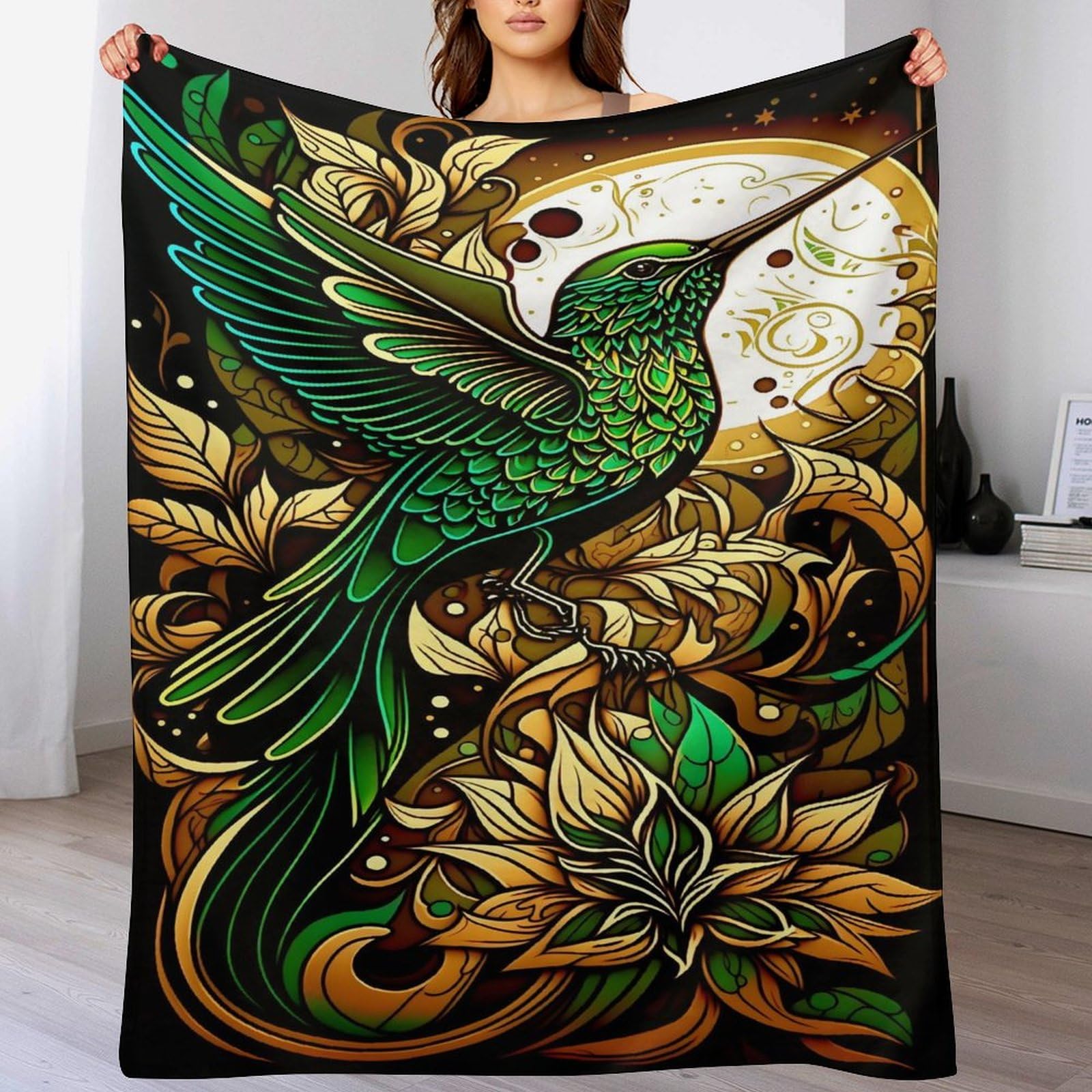 Manta de franela grande de 180 x 200 cm con estampado de pájaros