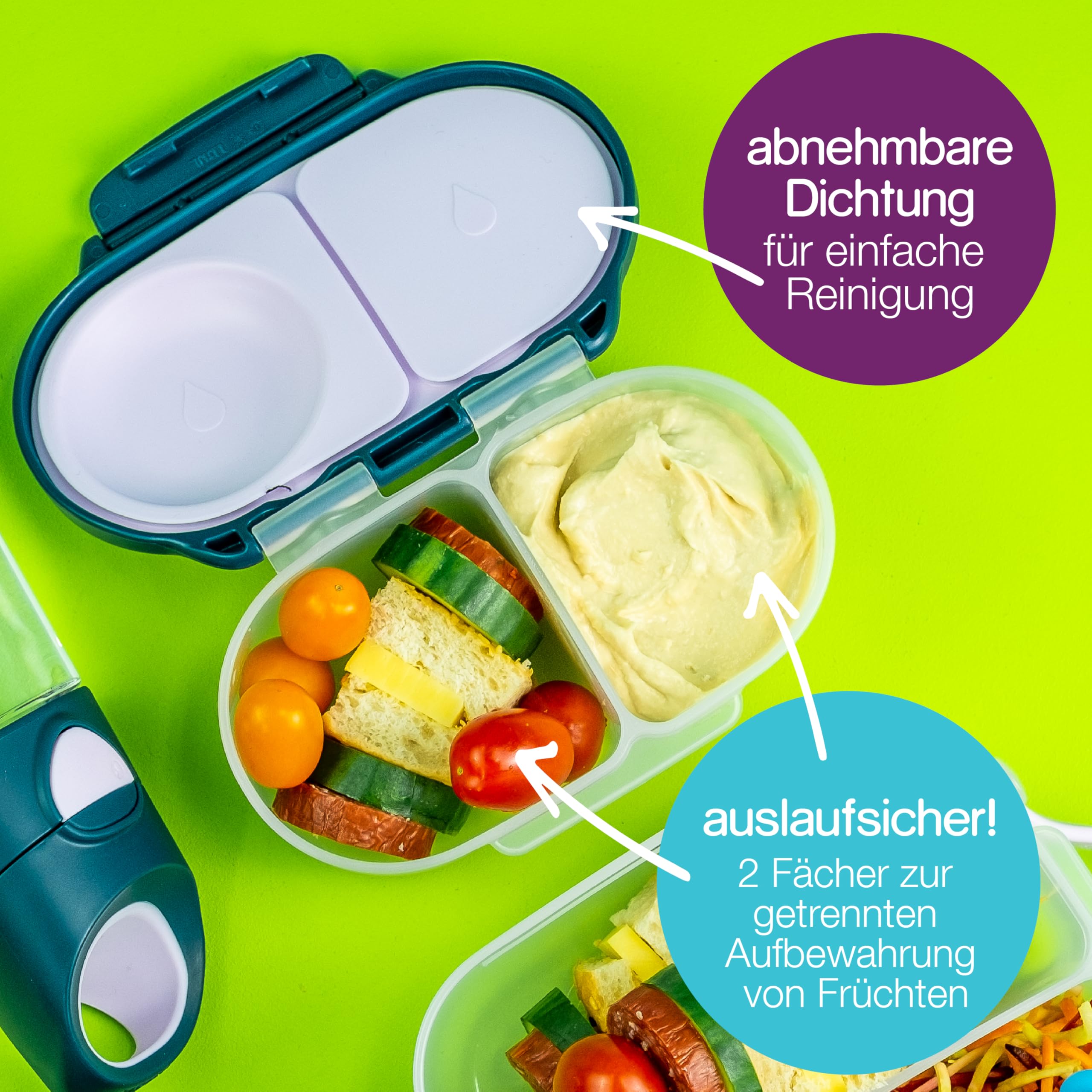 b.box Mini Brotdose für Kinder mit Fächern | Bento Box, 3 Fächer (2 Auslaufsicher) | Lunchbox für Gerichte & Snacks | Platz für Ganzes Obst | BPA-frei