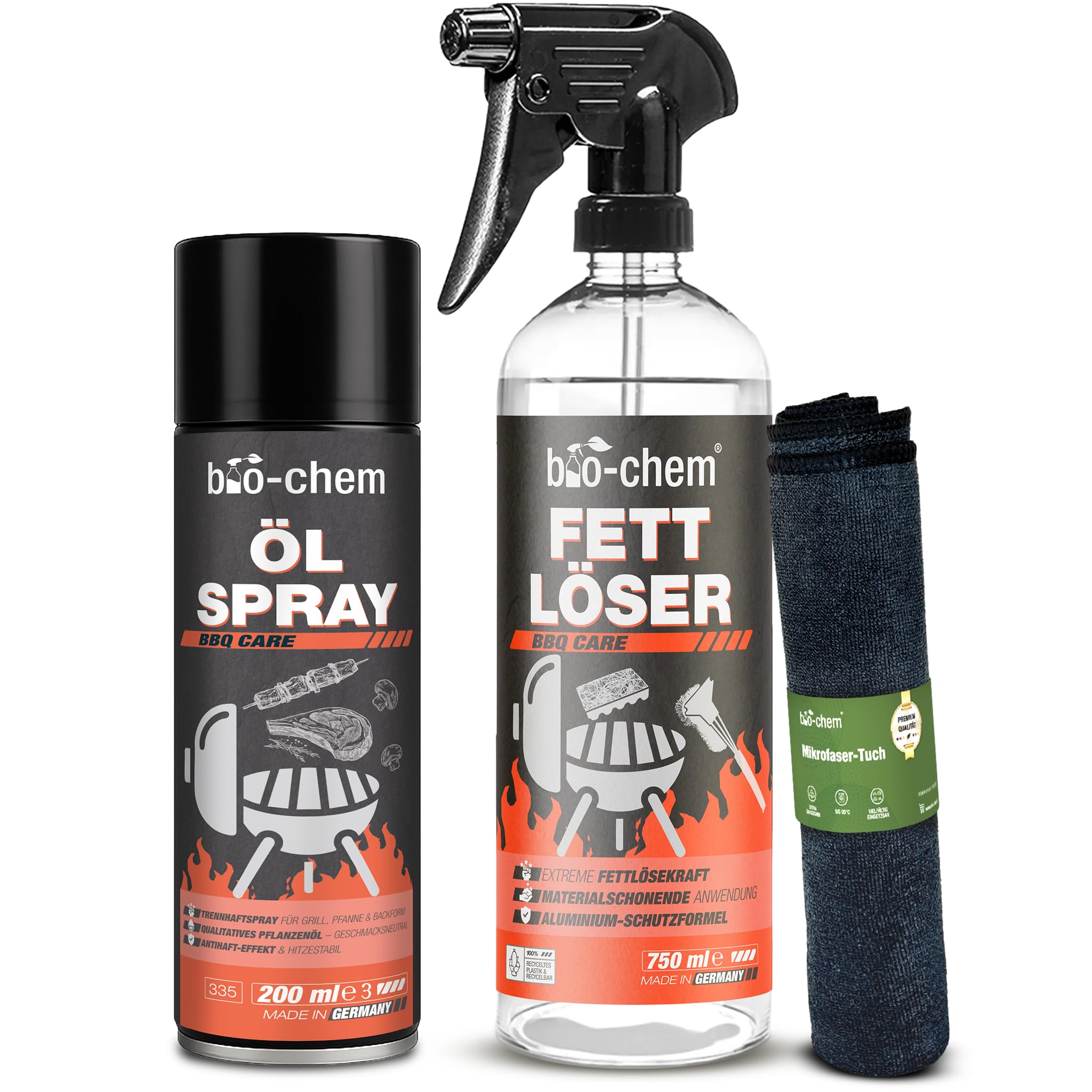 bio-chem Fettlöser Set 3-teilig: Fettlöser 750 ml + Anti-Haft Spray 200 ml + Mikrofasertuch I Schonende Reiniger für Edelstahl & Aluminium an Grill & Küche mit langanhaltender Pflege I Made IN DE