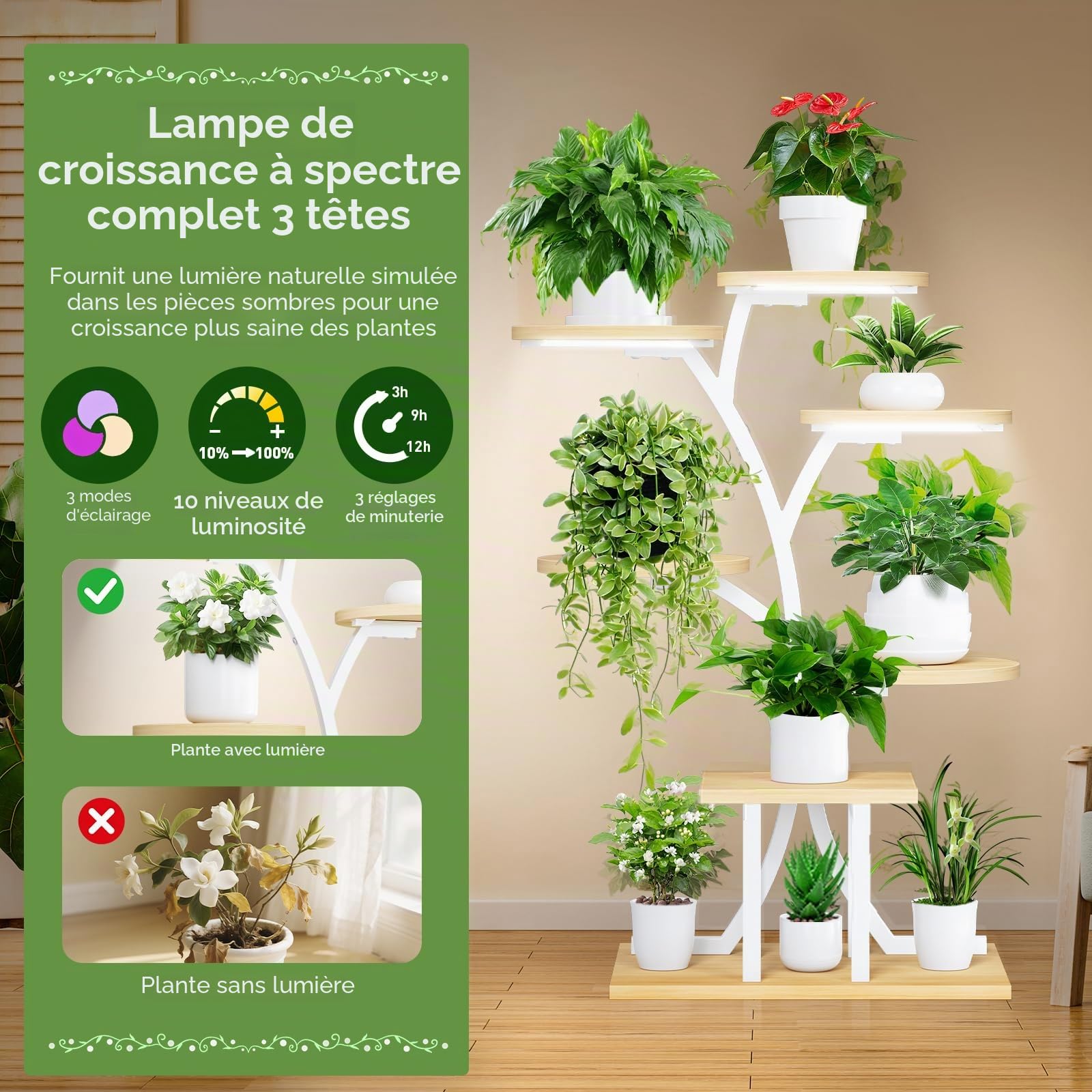 Support Plantes Interieur avec Lampes de Croissance,7 Niveaux Porte Plante Interieur,110cm Etagere Plantes Interieur le Balcon du Jardin, Salon, Bureau, Noir
