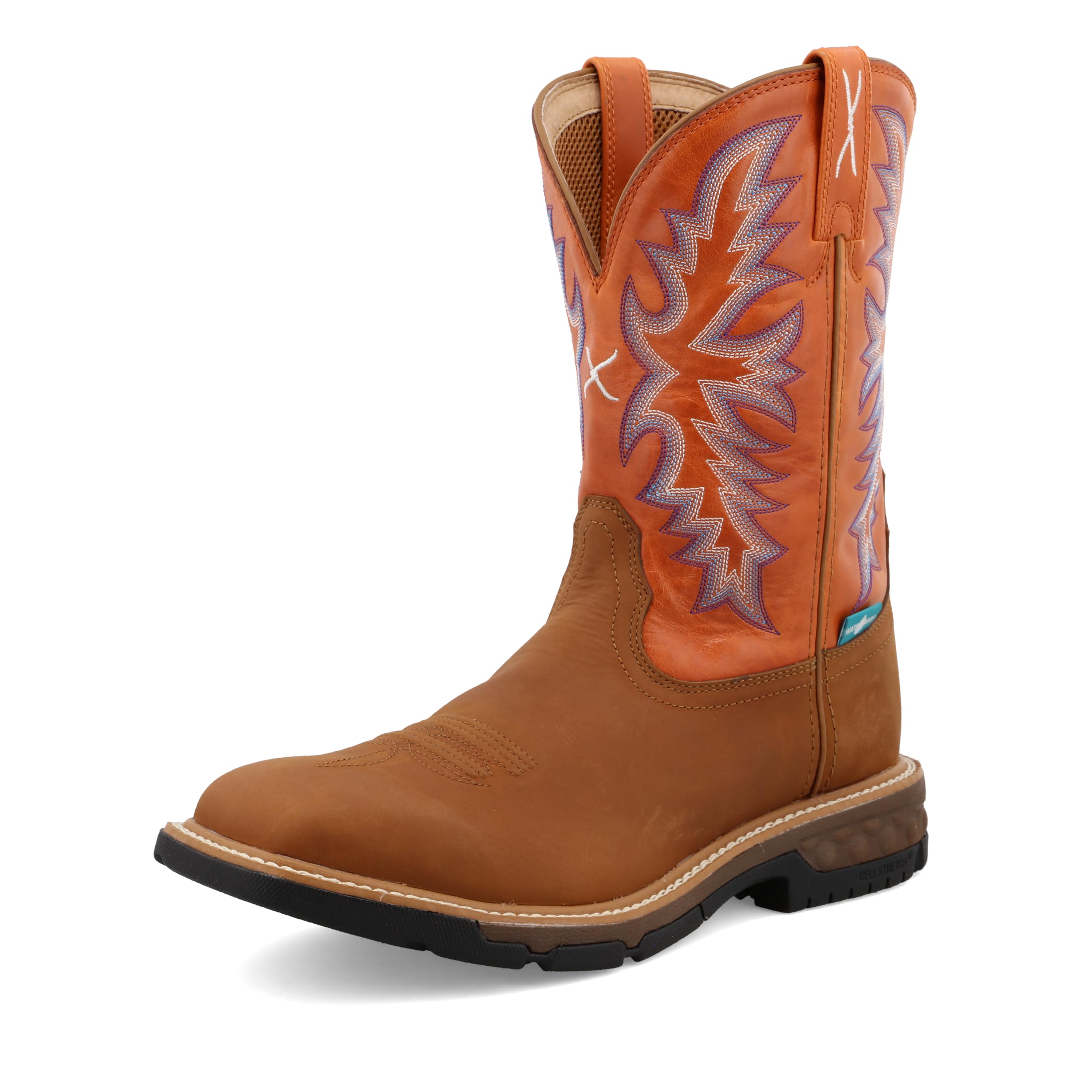 Twisted X Men's 11" Western Work Boot, Square Toe with CellStretch, Tan &amp; Orange, 14 D