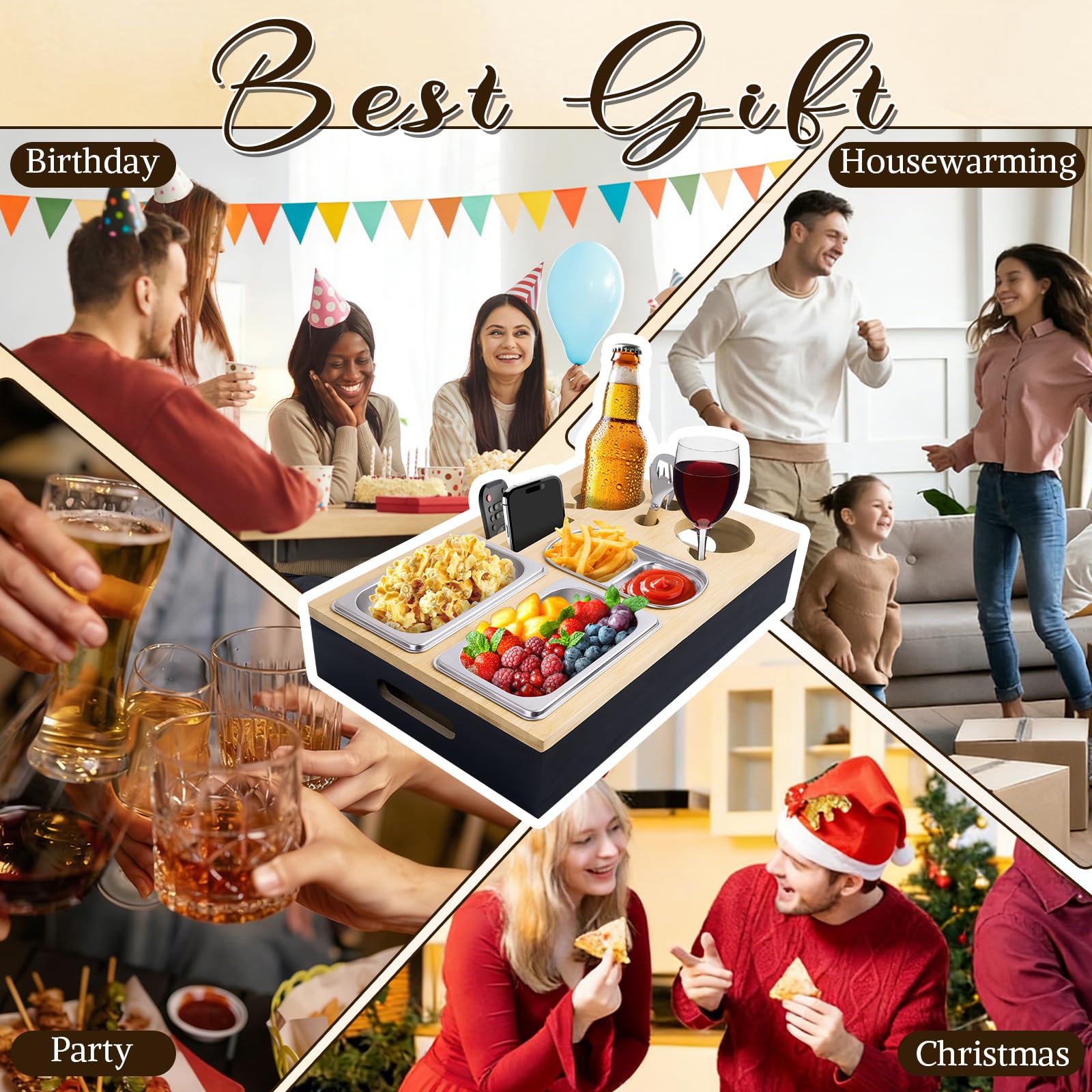 Canapé Bar avec Boîte Cadeau, Plateau de Canapé avec Boîte à Goûter, Fourchette à Fruits et Ouvre-Bouteille, Plateau de Service à Vin, Boîte à Collations Couchbar pour Le Salon, la Fête
