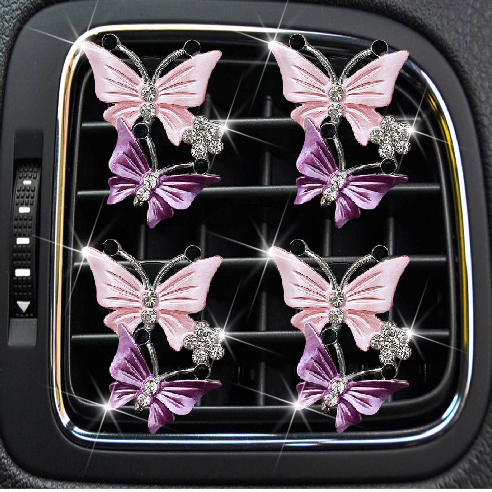 4 Pcs Butterfly Air Vent Clips, Car Vent Clips Dual Butterfly Air Vent Freshener Clip Decoration, Car Interior Decor Bling Cute Accessories Car Decoration for Women + Sunflower Mask Hook (Pink, 4)