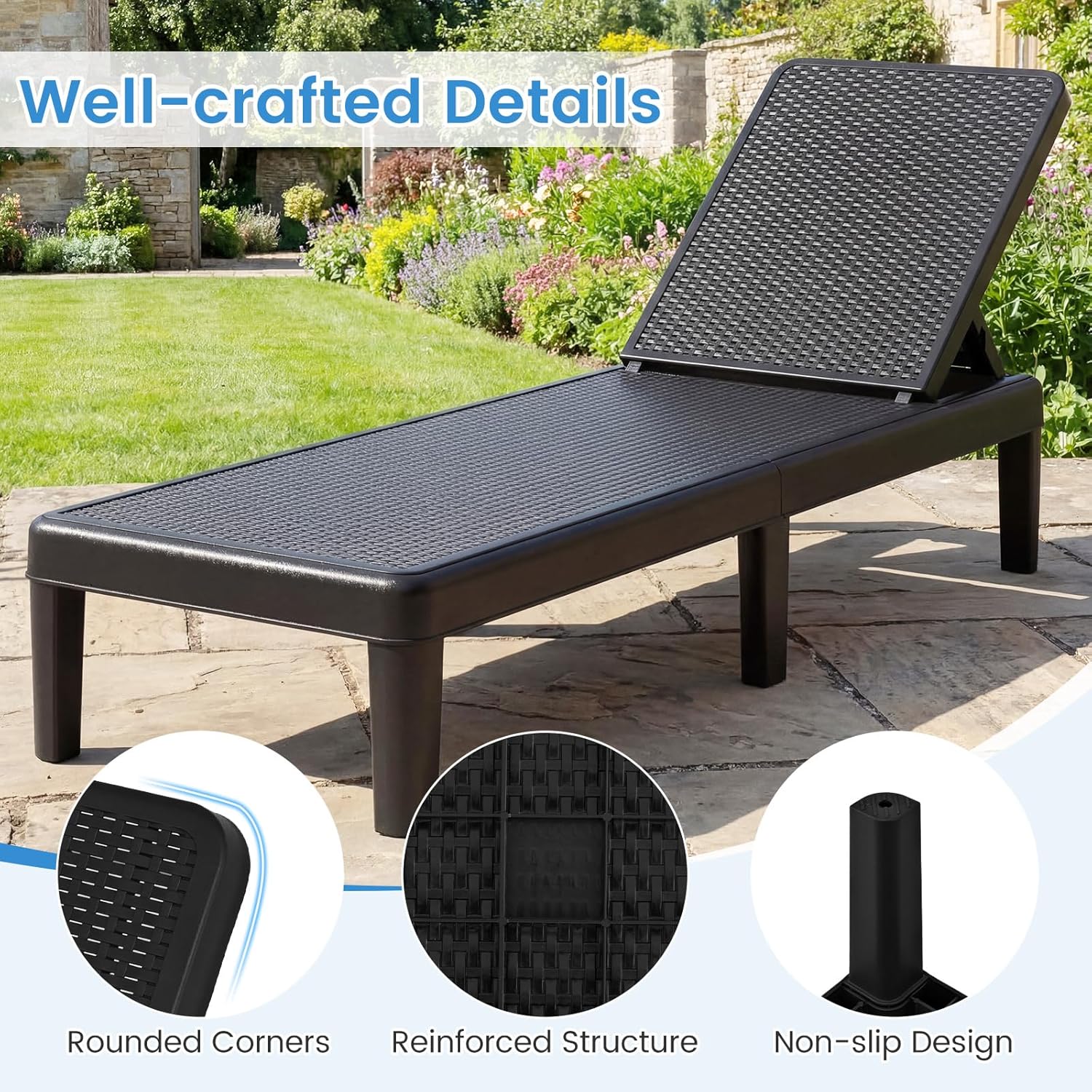 Tangkula Outdoor Chaise Lounger Chair, 4-Position Reclining Chair with Waterproof Rattan Textured PP Surface, 330 lbs Capacity & Easy Assembly for Pool Garden Deck Beach (1,Black)