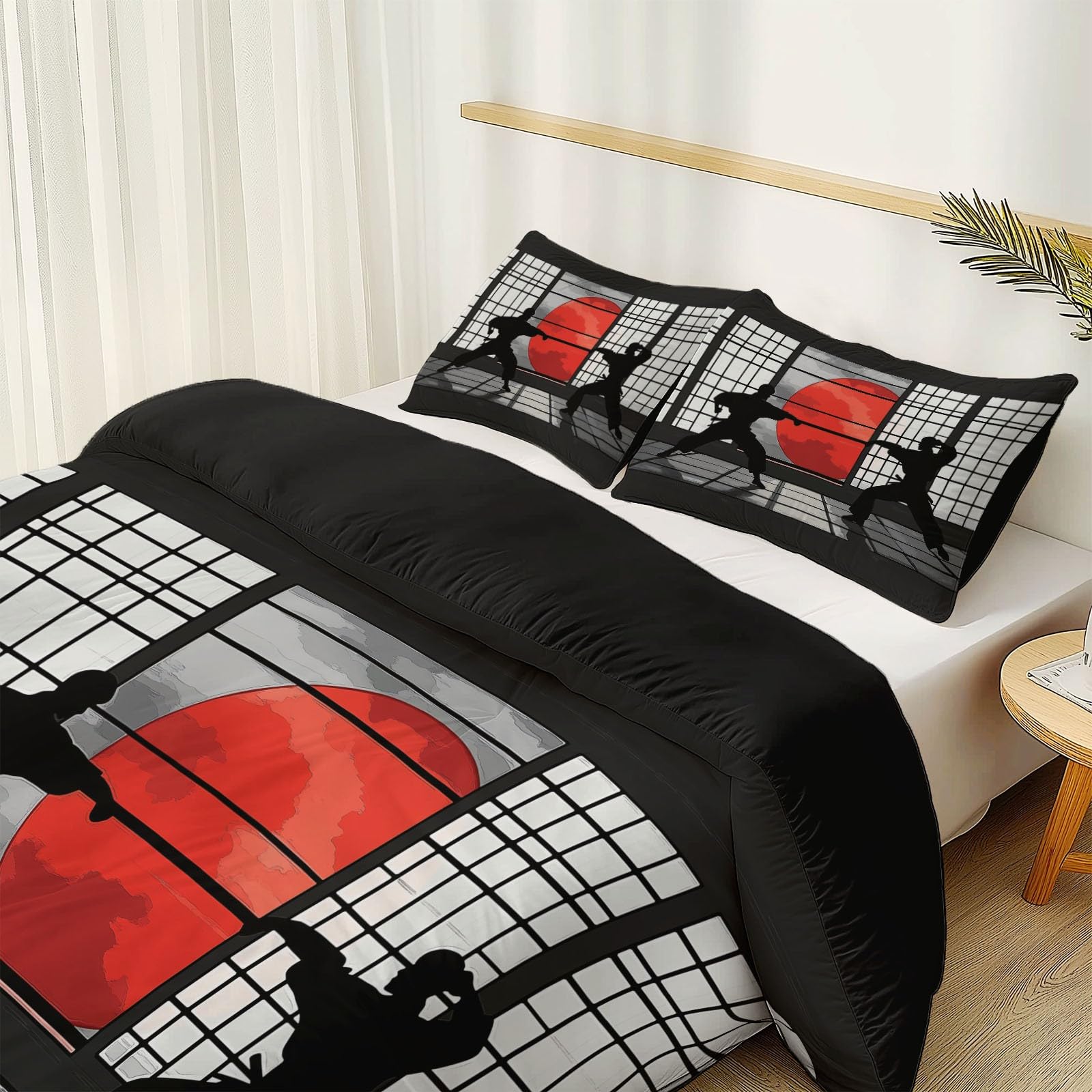 Poszwa na kołdrę z nadrukiem 240 x 260 cm, styl japoński karate sylwetka 3-częściowy zestaw pościeli dla dorosłych i dzieci wystrój pokoju, czarna mikrofibra dwustronna poszwa na kołdrę