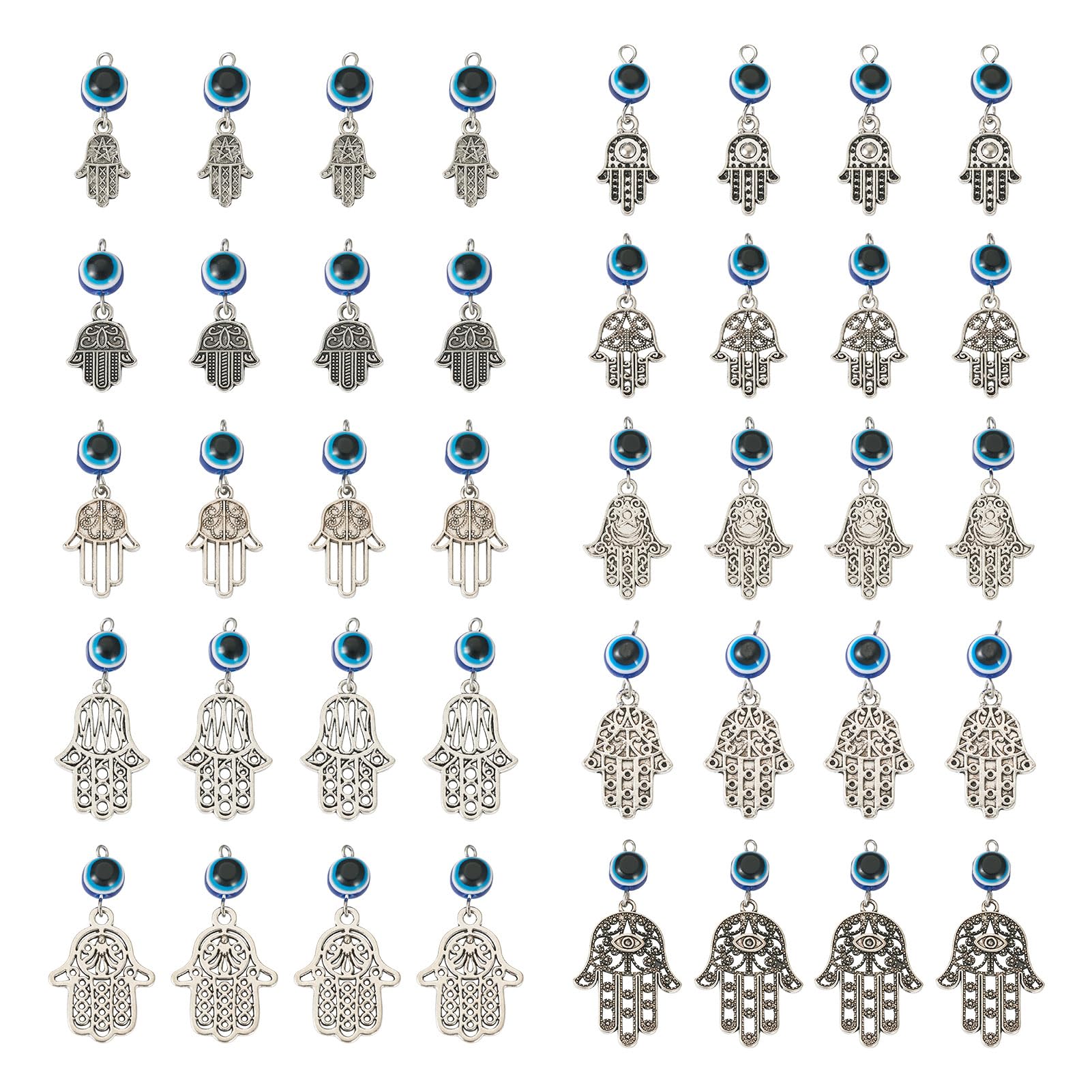Spritewelry 100Pcs Antique Hamsa Hand Charms 10 Styles Retro Metal Fatima Symbol Evil Eye Hand of Miriam Dangle Charms for Lucky Earrings Necklace Bracelet Keychain Jewelry Making DIY Craft