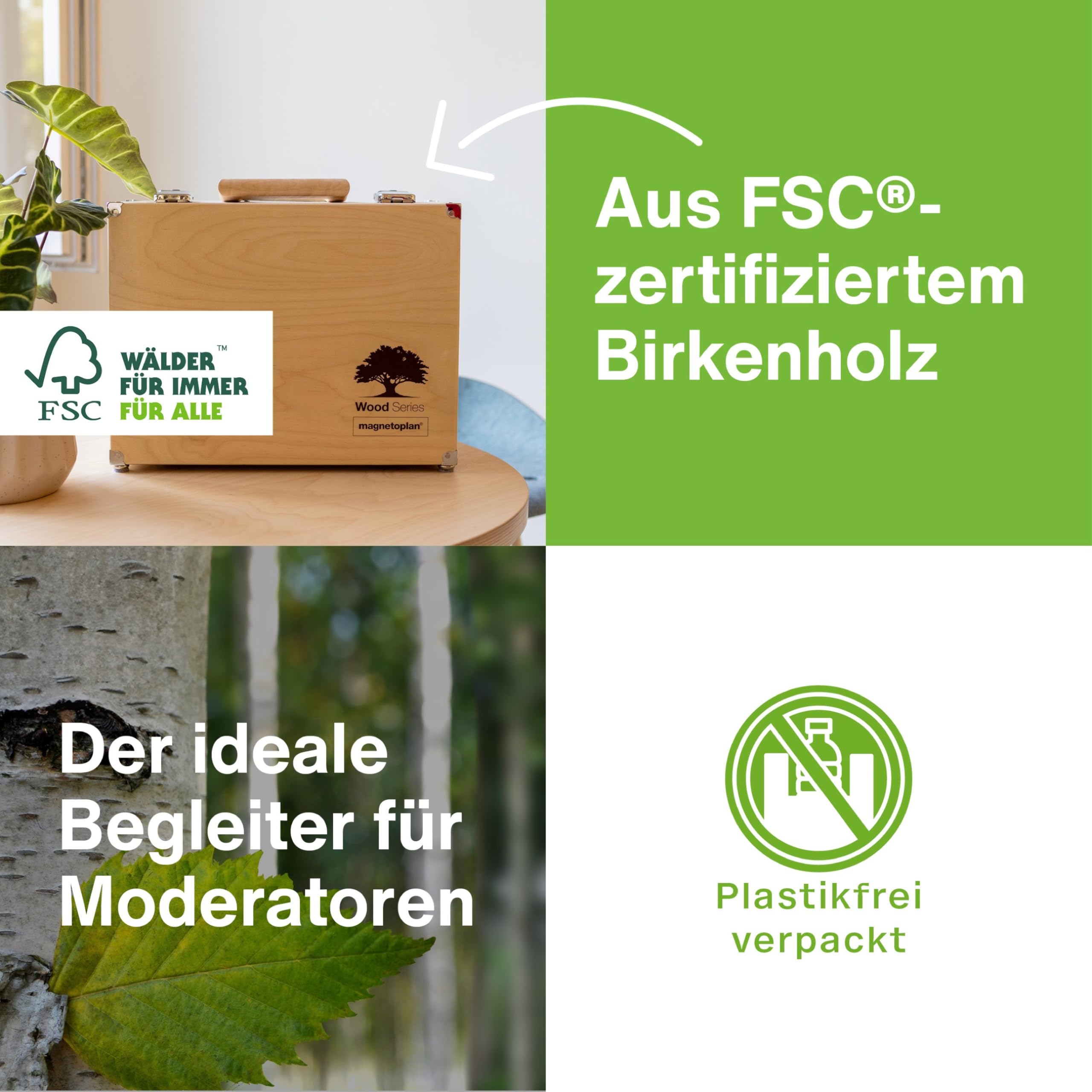 magnetoplan Moderatorenkoffer Wood Series | BxHxT 360x270x170 mm | Aus FSC-zertifiziertem Birkenholz | Mit 2400 Einzelteilen wie Whiteboard Stifte + Moderationskarten für Büro + Präsentation