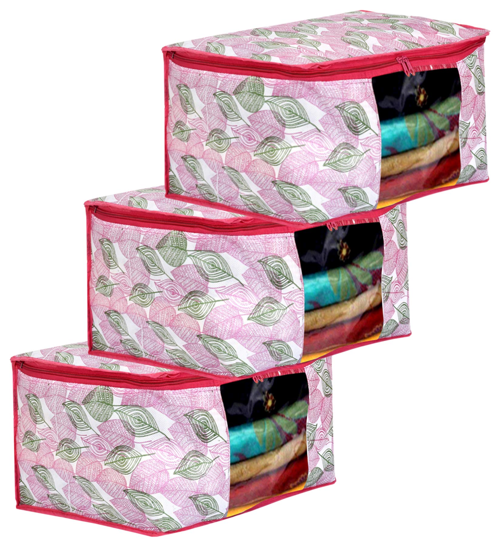 Amazon Brand - Solimo Metalic 3 Piece Non Woven Fabric Clothes, Saree Cover Bags Set With Transparent Window, Extra Large, leafy-Pink (B08WZCP5KD) Amazon Price History, Amazon Price Tracker