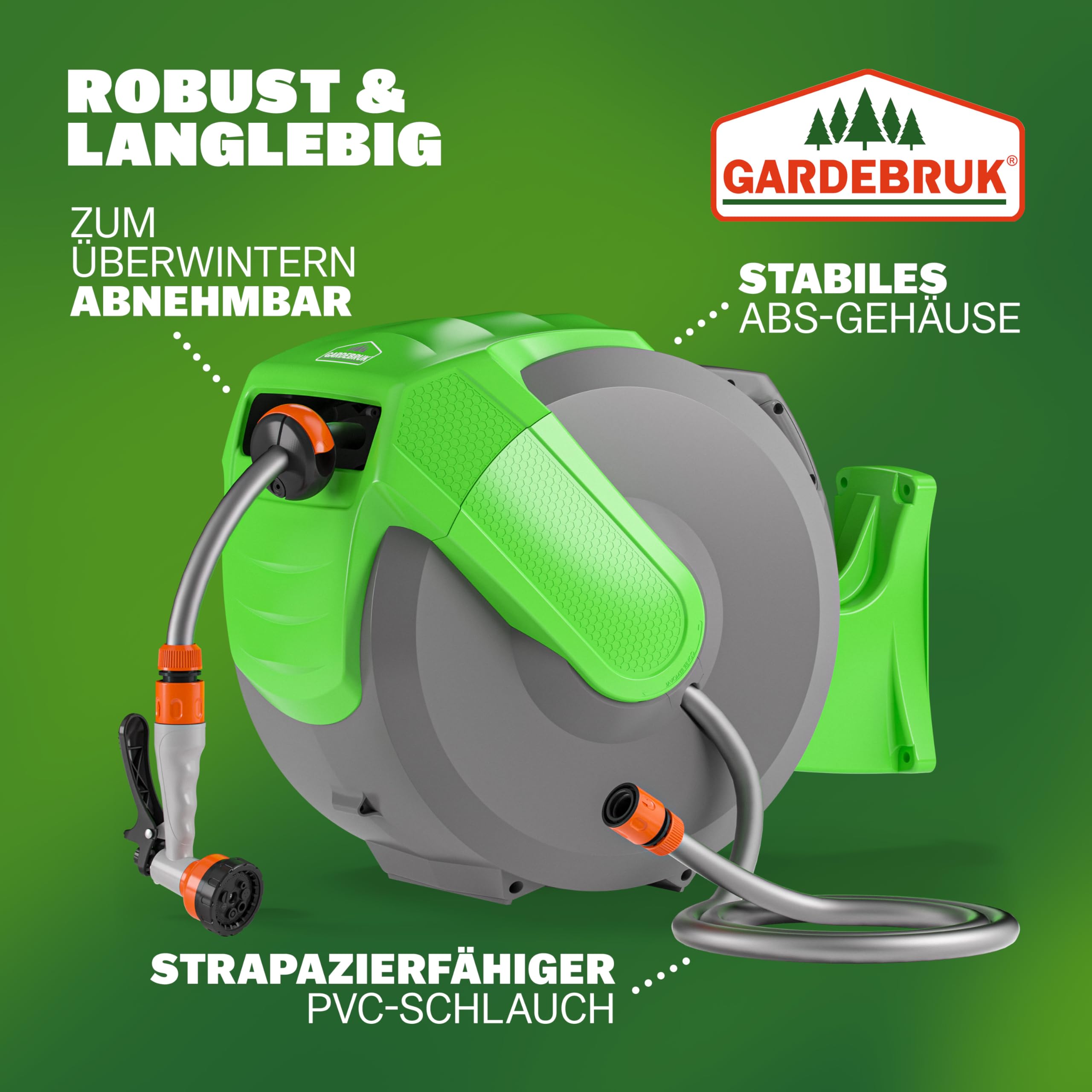 GARDEBRUK® Schlauchtrommel 20m + 2m mit Wandhalterung Garten 1/2' Multifunktions-Handbrause Schlauchführung Schlauchaufroller Wandschlauchbox