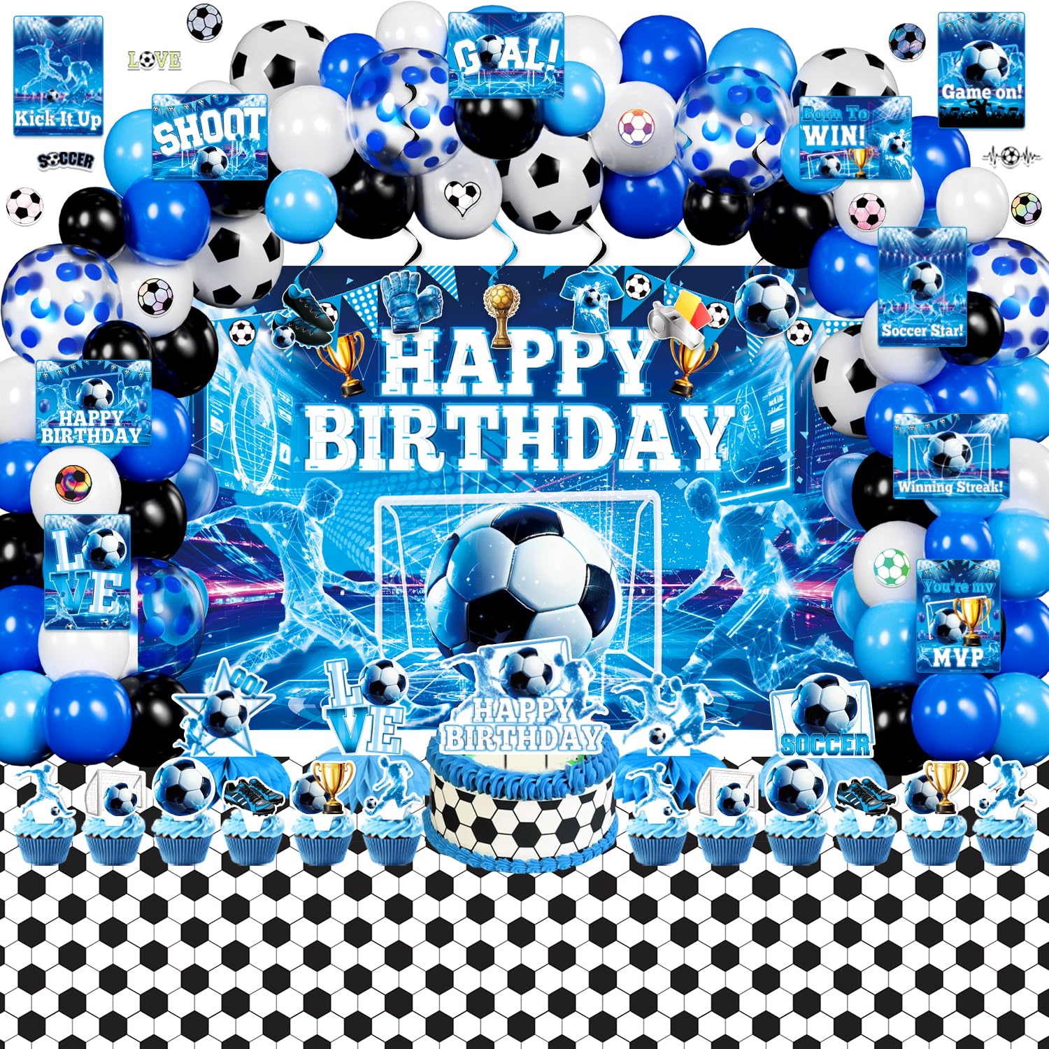 Soccer Party Decorations for Boys, 171Pcs Blue Soccer Ball Birthday Party Decor Supplies - Backdrop, Sticker, Balloons, Cake Toppers, Tablecloth, Centerpieces, Hanging Swirls, Wall Signs