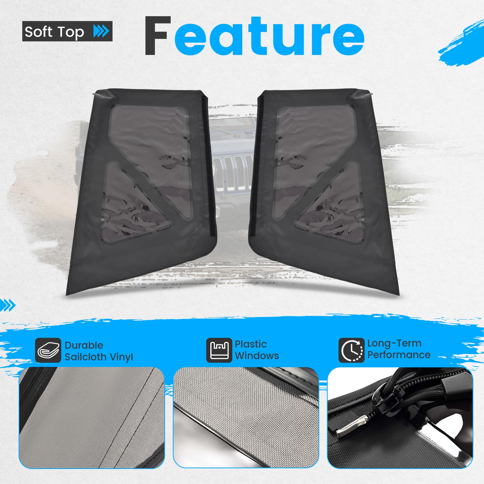 ALMULOO Ricambio Soft Top Compatibile con Jeep Wrangler 2010-2018 2 Modelli 2 porte w/rimovibile lato posteriore oscurato finestra vela vinile nero