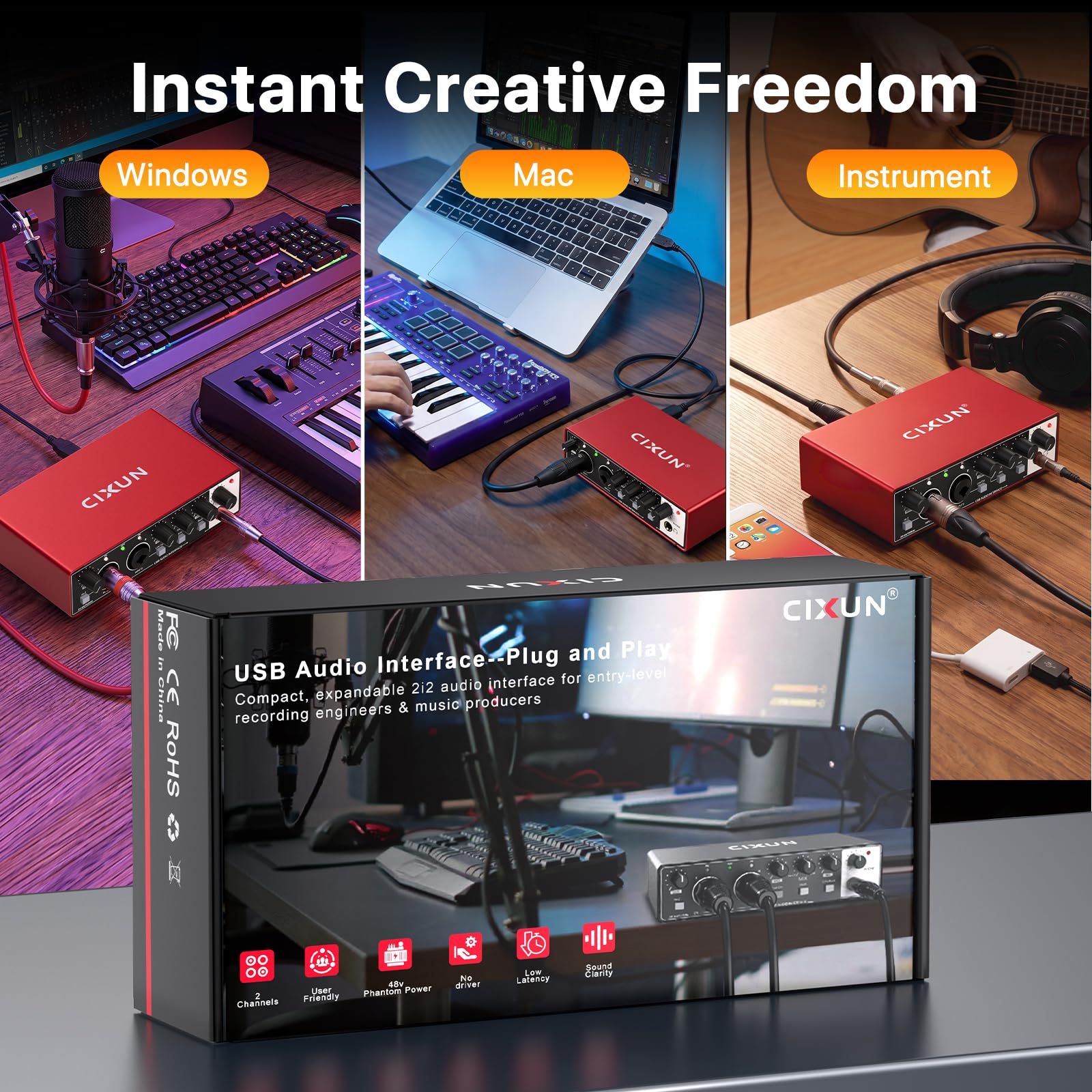Scheda audio esterna,2×2 Interfaccia audio USB-C per PC,24 bit/192 kHz, Doppi ingressi TS/XLR,Alimentazione fantasma +48 V,per Studio/Podcast/Live Streaming (Nero))