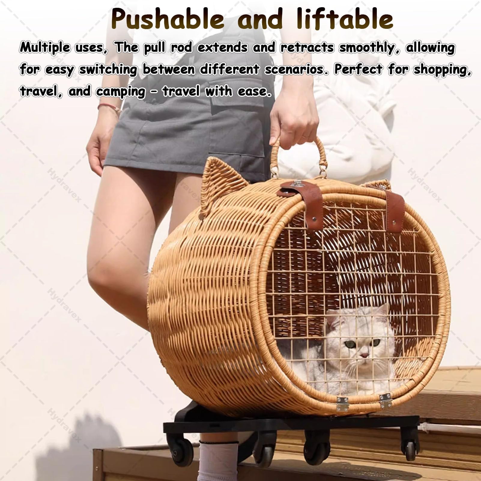Passeggino per gatti in stile retrò, in rattan, con ruote e manico telescopico, ideale per viaggi, passeggiate e visite veterinarie