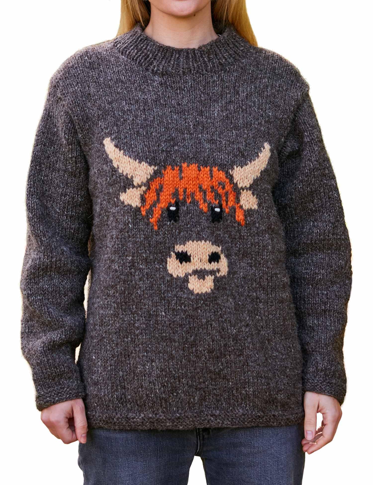 Pachamama Maglione da donna in lana lavorato a mano, motivo mucca delle Highland, marrone, fatto a mano, spesso, caldo, commercio equo e solidale
