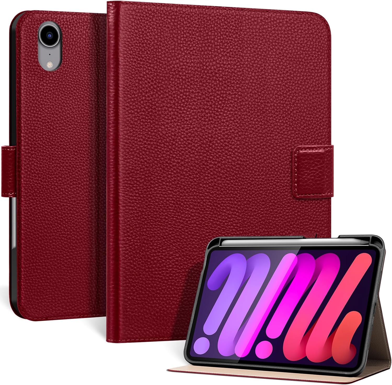 Genuine Leather Case for iPad mini 7th/6th Gen 8.3 Inch 2024/2021 | with Pencil Holder and Adjustable Stand, Magnetic Closure, Auto Wake/Sleep Cover | Wine Red