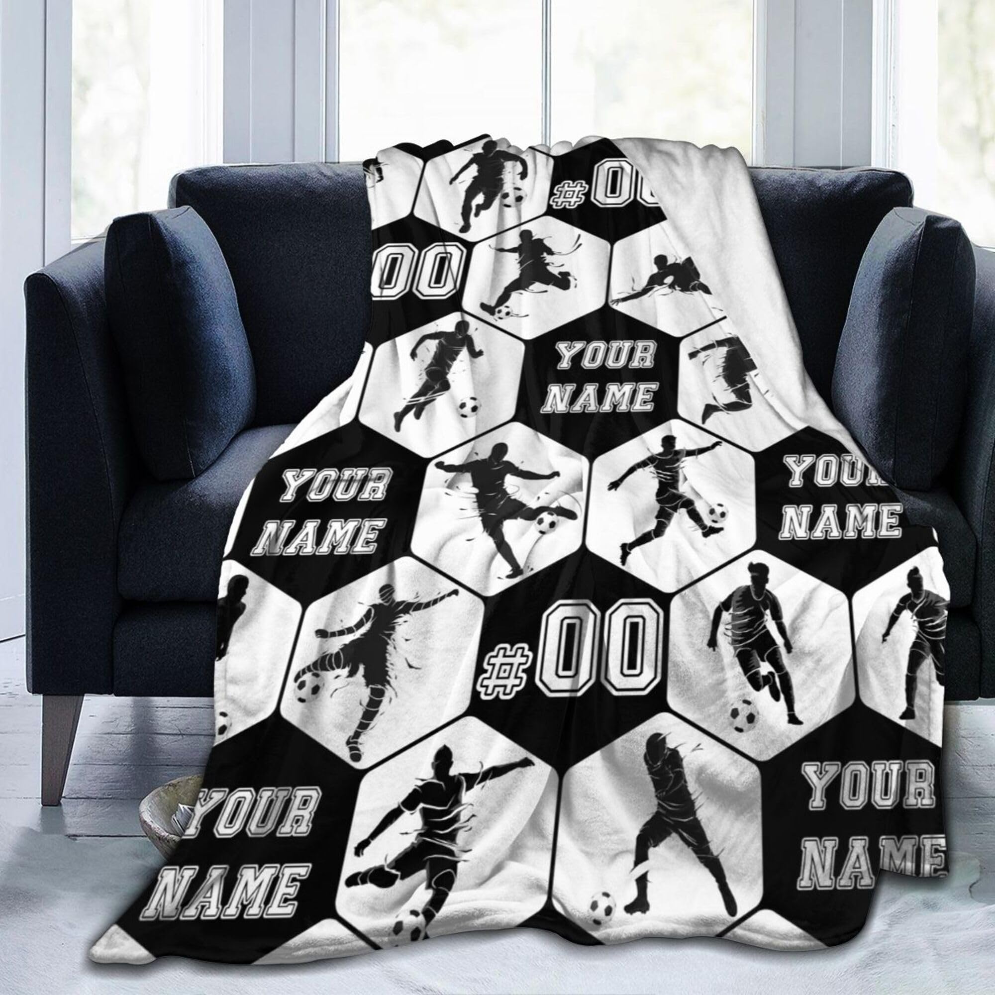 Homieblanket Custom Soccer Blanket with Name No. for Women Men, Personalized Cool Soccer Themed Design Printed Throw Blankets for Teens Adults Lap, Chair Sofa, Giftable Blanket, 50