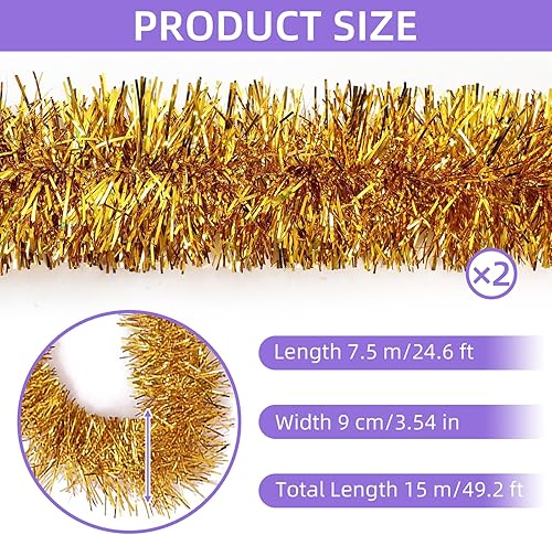 Miniatura 2 de Guirnalda de oropel dorada de 50 pies de papel de aluminio para decoración de pared, guirnalda metálica para colgar en la pared, guirnalda de