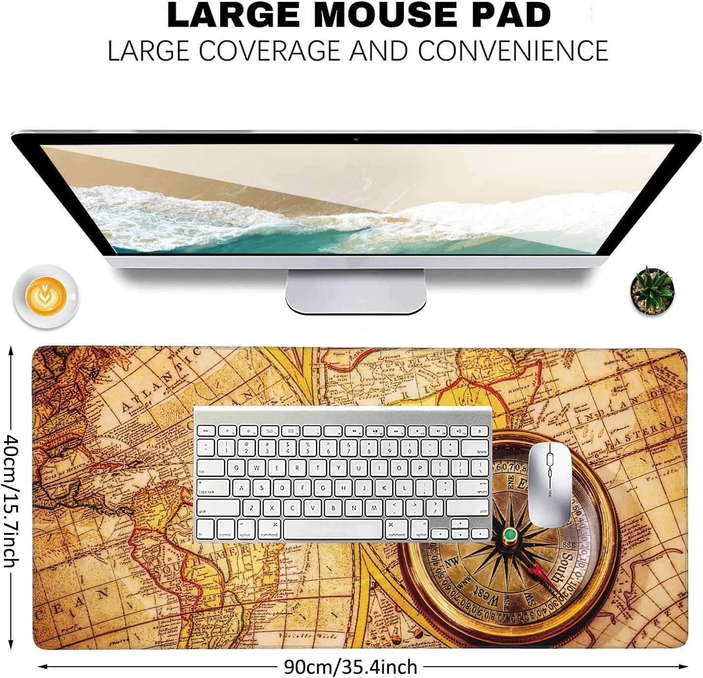 Vintage Compass Lies on Ancient World Map Extended Gaming Mouse Pad Large Desk Mat with Non-Slip Rubber Base and Stitched Edges,Keyboard Mouse Mat Desk Pad for Work,Game,Office,Home 35.4 * 15.7 Inch - Image 3