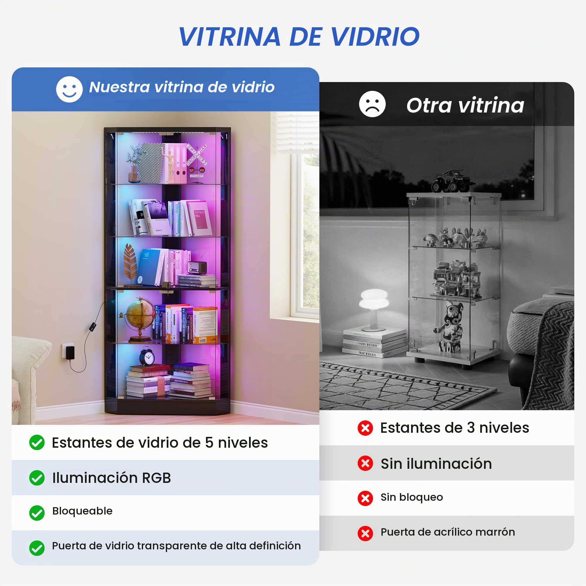 Lvifur Vitrina esquinera de 5 Niveles con Sensor de Presencia y Puertas de Cristal para Dormitorio/Estudio, Vitrina de Cristal de 175 cm con iluminación LED para coleccionistas y Sala de Estar,Negro