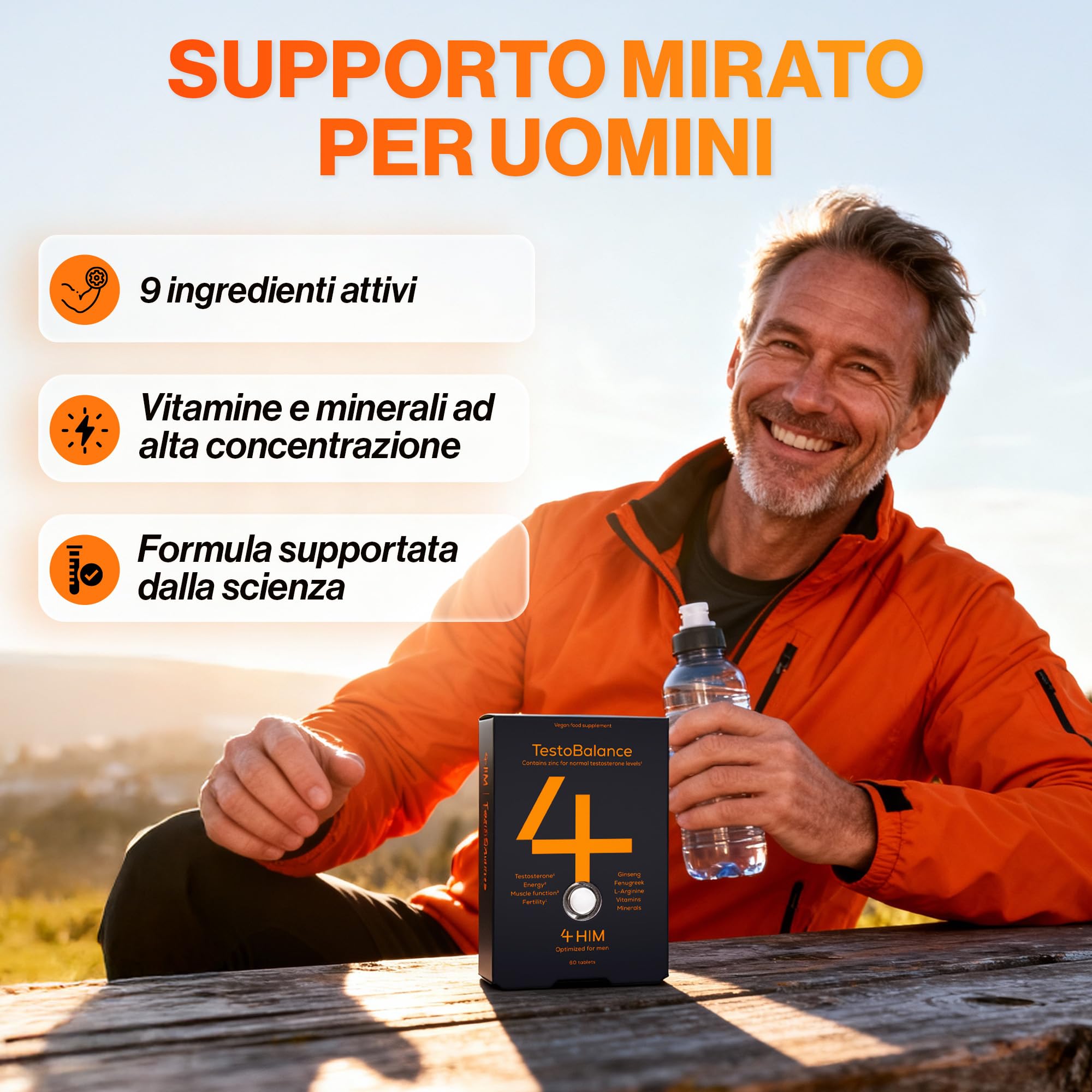 4 HIM TestoBalance Integratore Testosterone Uomo – ZMA, Ginseng & Fieno Greco – Zinco per Livelli di Testosterone – Magnesio, B6, L-Arginina & Selenio – 60 Compresse Vegane – Certificato GMP
