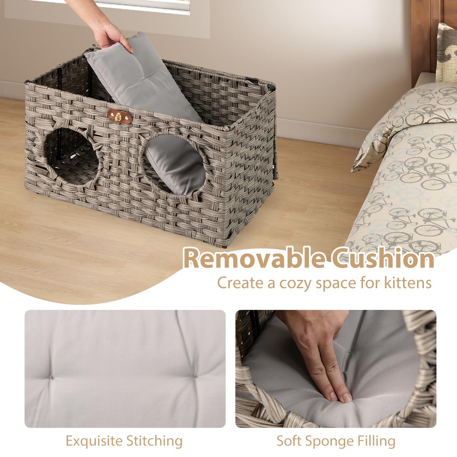 GYMAX Cuccia pieghevole per gatti, in rattan, con cuscino morbido lavabile e coperchio bloccabile, per interni, soggiorno e camera da letto (grigio, 60 x 35 x 35 cm)