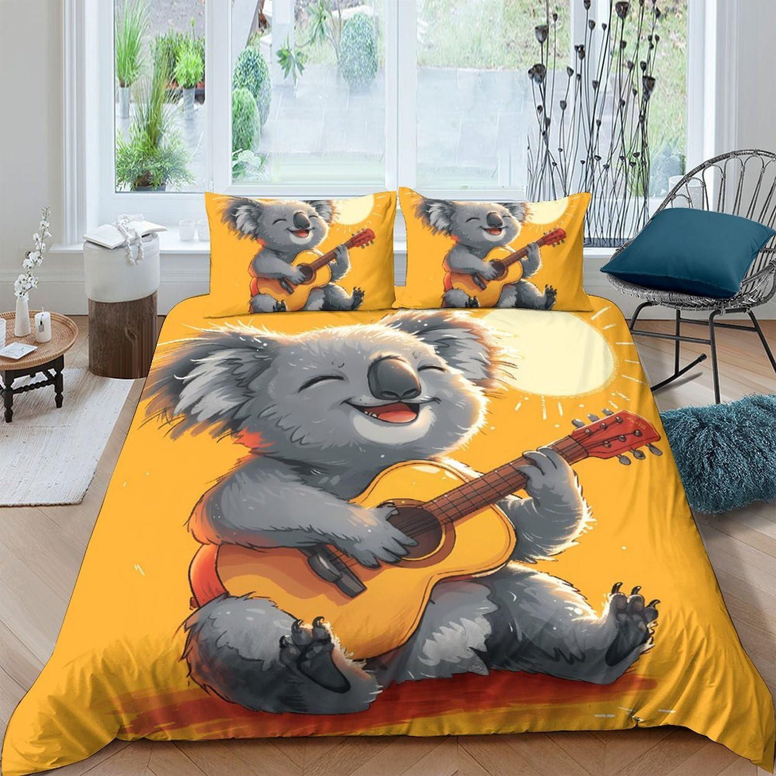 Ctjqhvkz Style-2 3D Printed Koala Guitar Fitted Sheet Microfiber Orange Bed Cover For Bedroom Guest Room Dorm Mattress Protection Decor Single（135X200cm）
