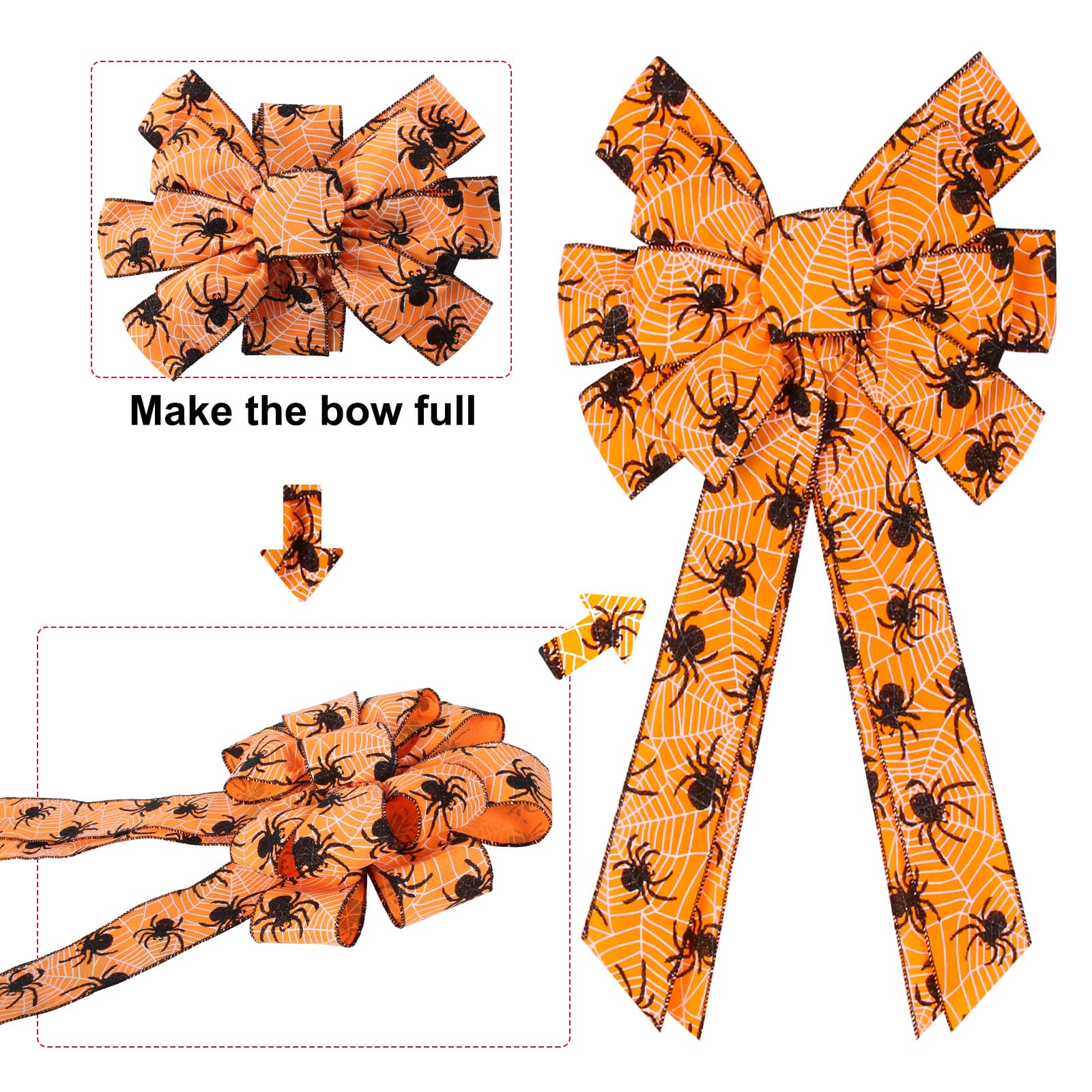 Large Halloween Wreath Bow - Black & White Striped Buffalo Style With Orange Velvet For Spooky Decor