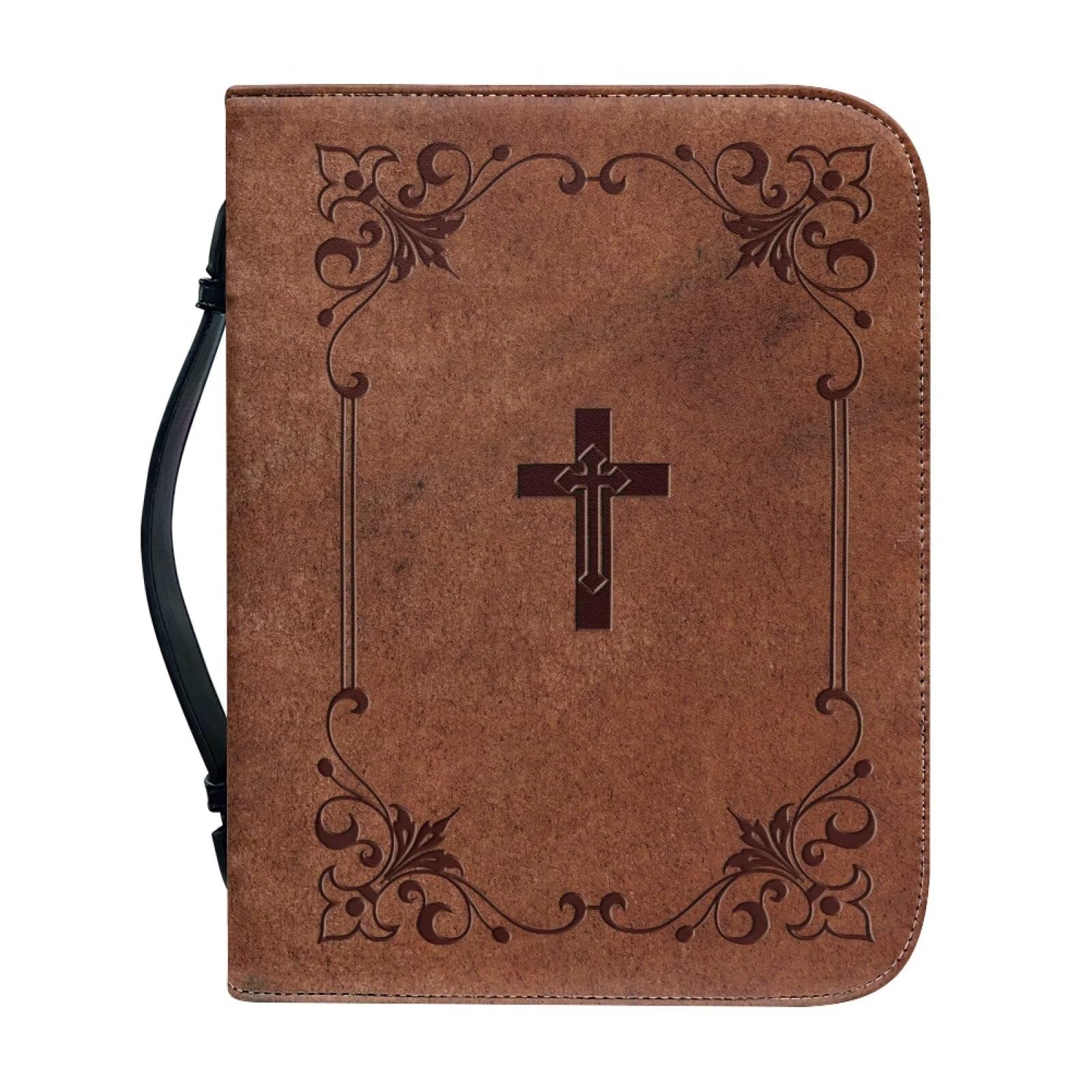 Tutolipy Cross Print Bible Carrying Case for Women Lightweight Portable Womens Bible Cover Trendy Book Carrier Bag with Handle Pu Leather Church Bags