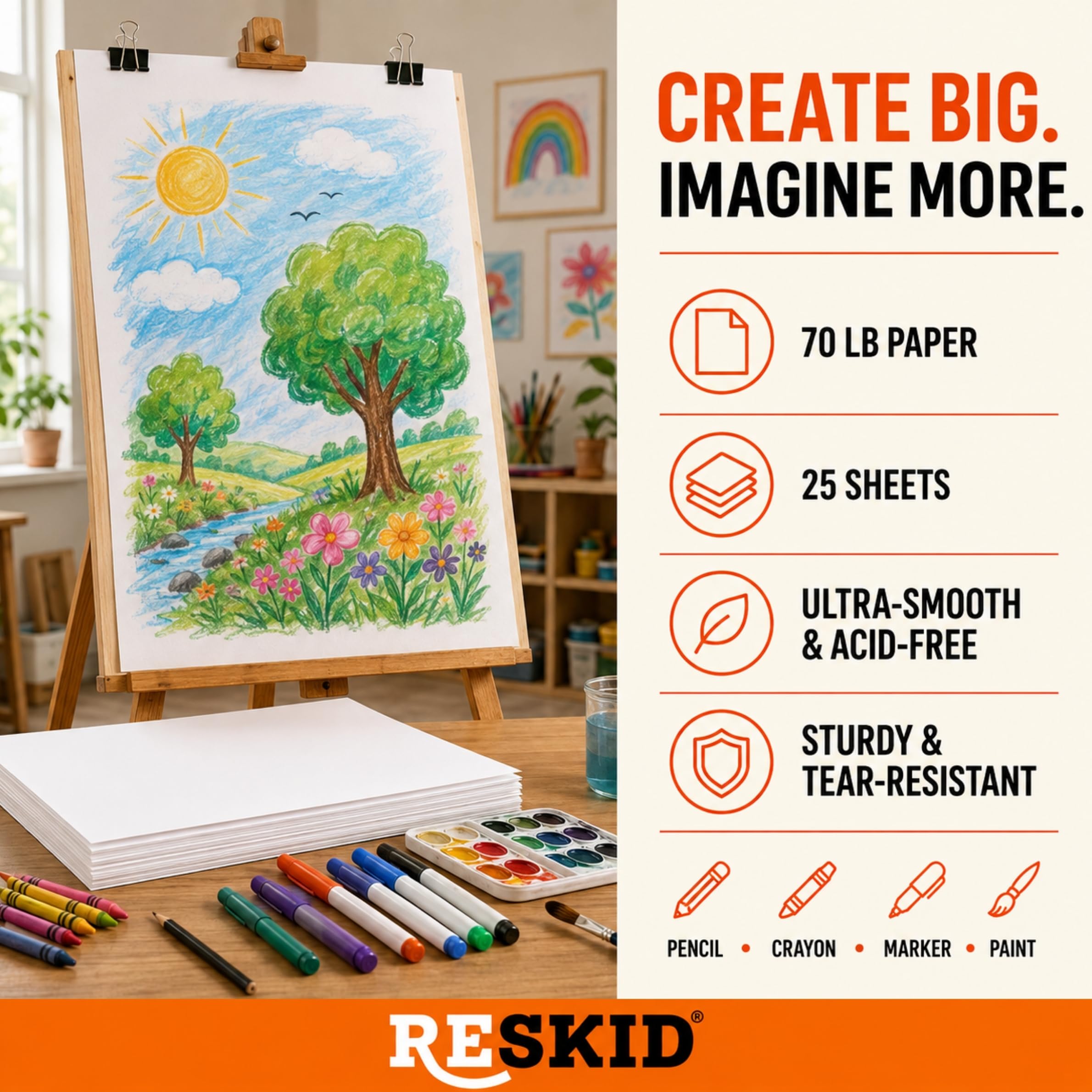 Reskid Paquete de 25 hojas de papel de dibujo grande de 19 x 25 pulgadas para caballetes, ideal para papel de dibujo de niños, escuelas, oficinas y todas tus necesidades artísticas