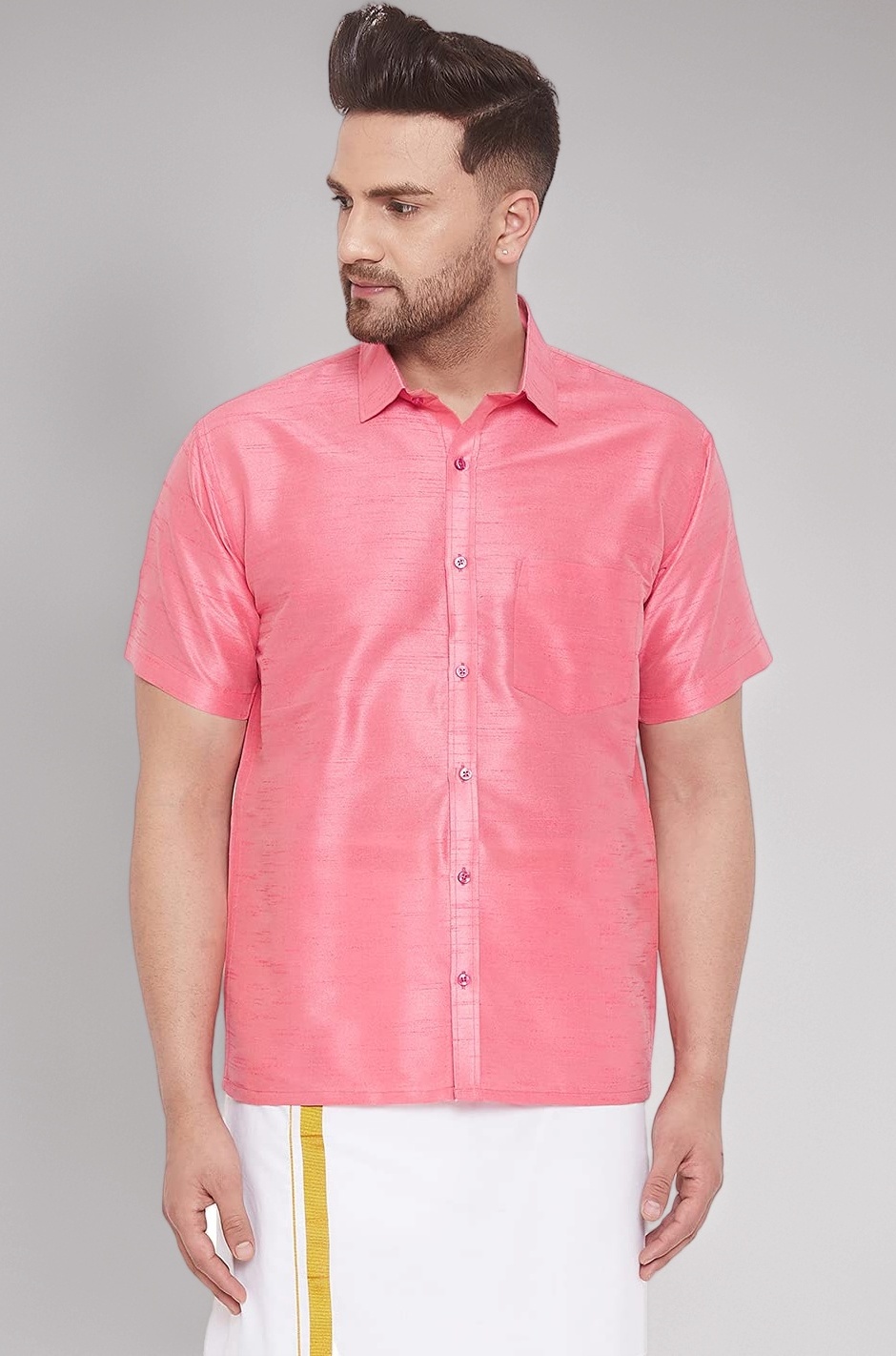 VASTRAMAY Men's Silk Blend Ethnic Shirt - Half Sleeves, South Indian Traditional Shirt for Weddings, Festivals, & Casual Wear