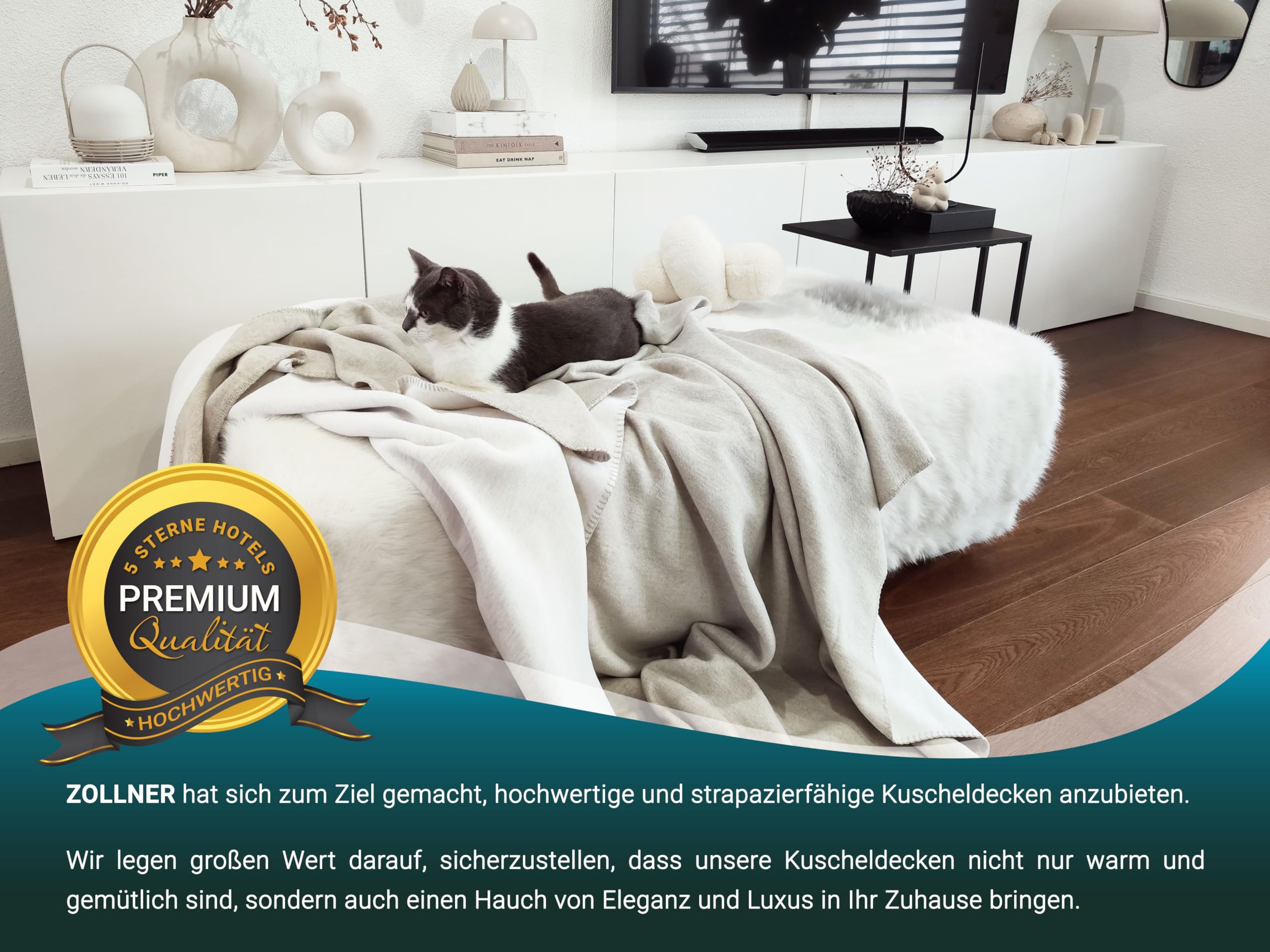 ZOLLNER Kuscheldecke 150x200 cm beige waschbar bis 40°C Mischgewebe Oeko Tex® Zertifiziert