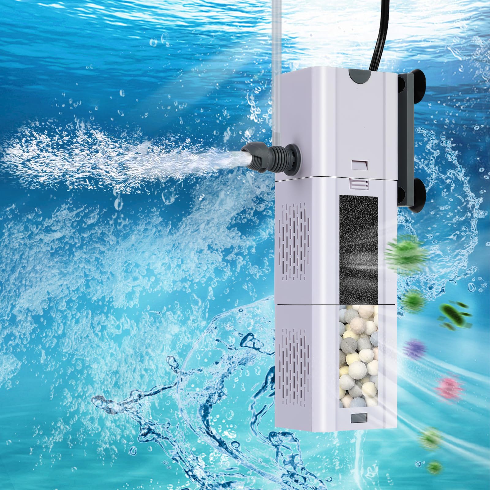 Filtre d'aquarium 4 en 1, filtre de filtration et d'oxygénation, filtre pour aquarium avec coton biochimique, perles en céramique, filtre multifonction pour aquarium (15 W)