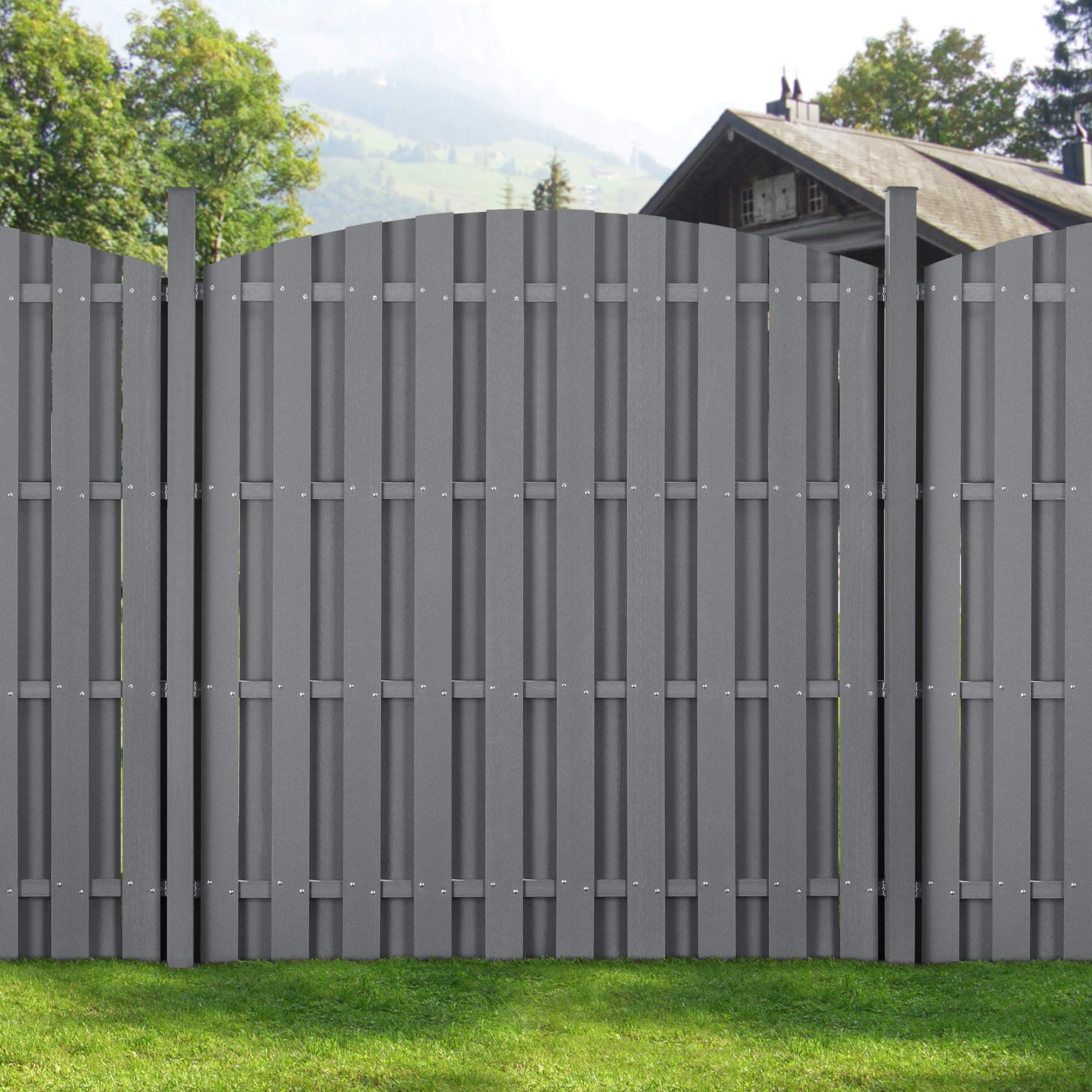 neu.holz WPC Gartenzaun mit Rundbogen und Pfosten 185x376cm Grau Sichtschutz Windschutz Lamellenzaun Zaun
