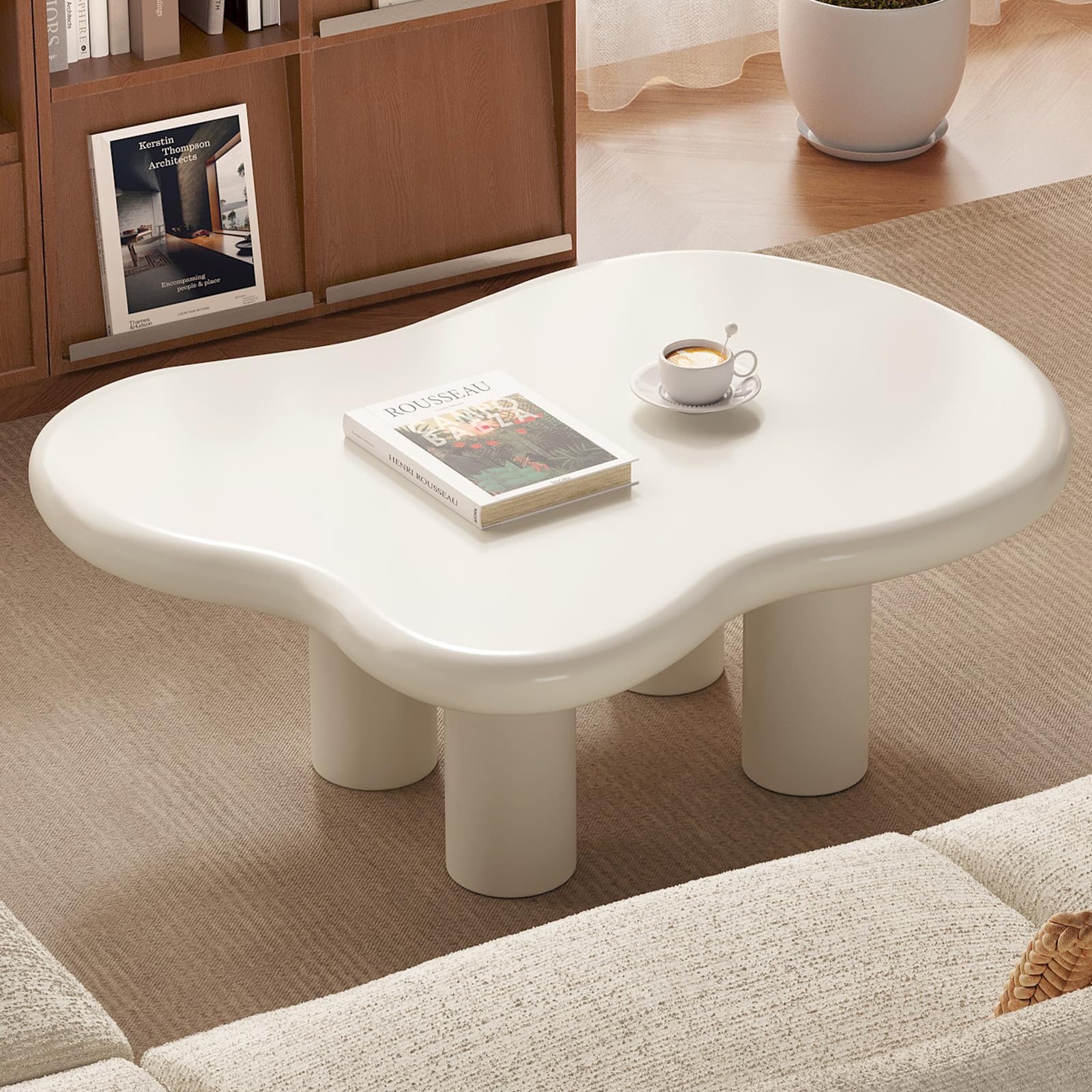 35.43" Cartoon Cloud-Shaped Coffee Table, Unique Irregular End Table with 4 Legs, Aesthetic Funky Center Table for Small Spaces, Living Room, Easy Assemble, Cream White
