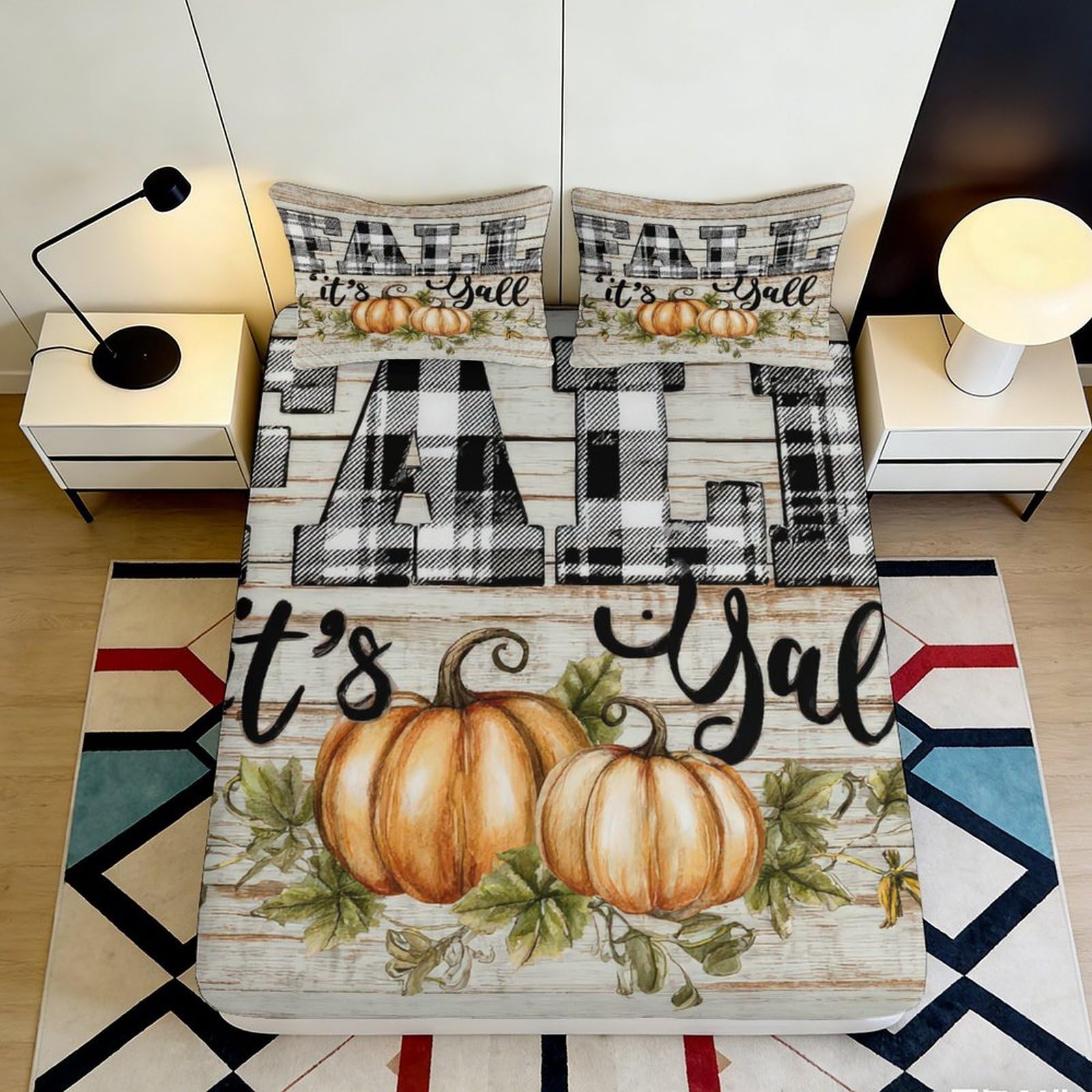 3D Printed Pumpkin Harvest Fitted Sheet Microfiber Autumn Plaid Mattress Cover Bedroom Decor Dustproof Easy Care 90x200x25cm