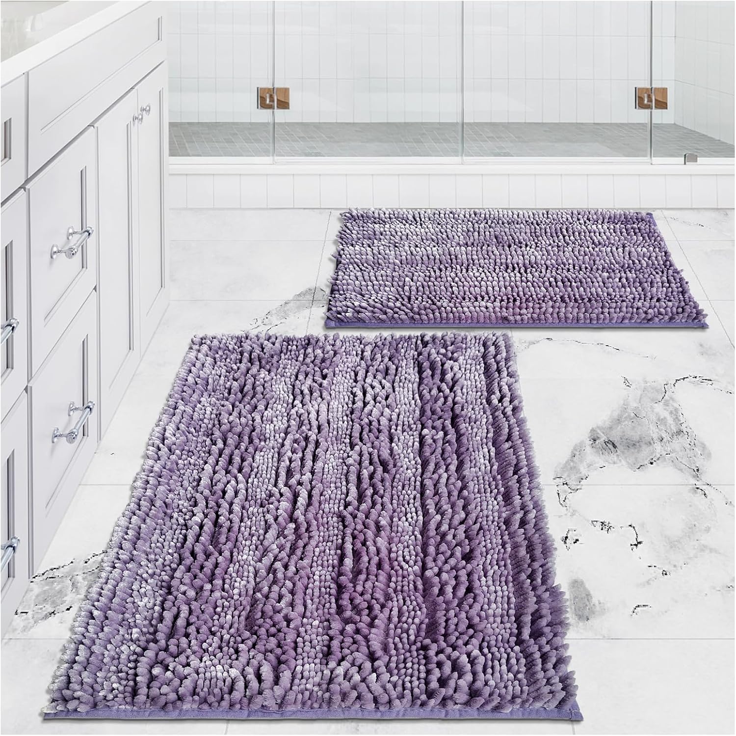 Bathroom Rugs Set 2 Pieces Light Purple Butter Chenille, Shiny Noodle Bath Mat Rug Set with Non Slip Backing, Super Water Absorbent Machine Washable 31x20 and 24x16 Inch, Lavender 31x20"+24x16" Purple Lavender Gray