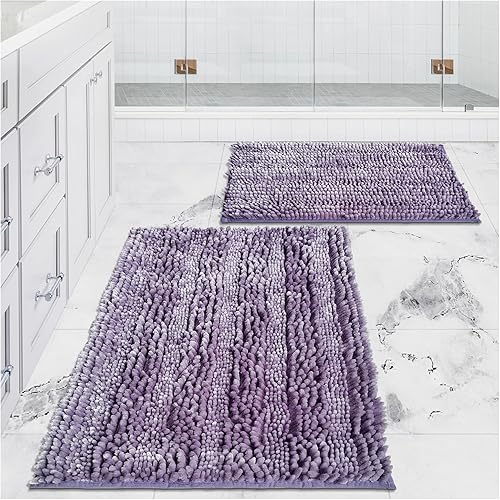 Civkor Juego de 2 alfombras de baño de color morado claro, manteca de chenilla, juego de alfombras de baño con fideos brillantes con respaldo