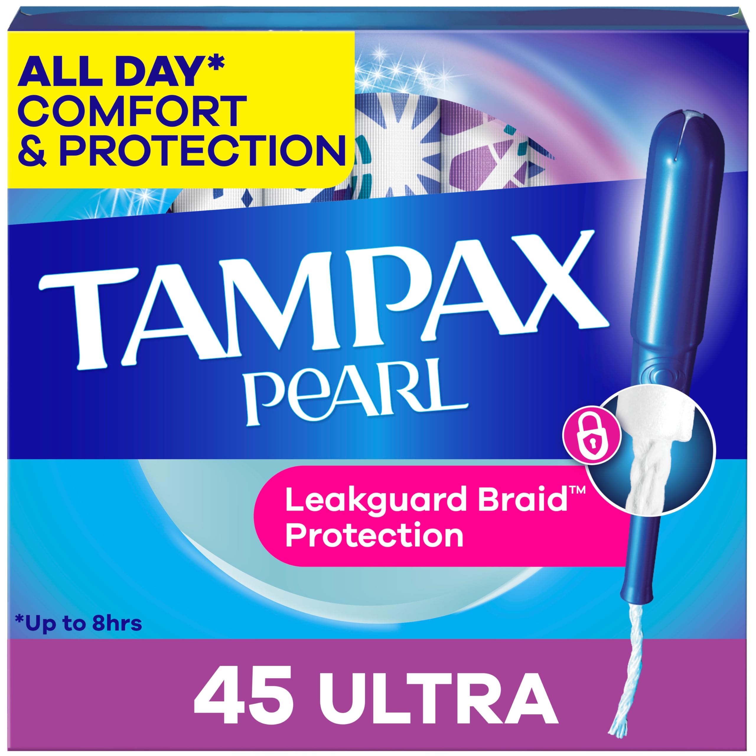 Tampax Pearl Tampons for Women, with LeakGuard Braid, Ultra Absorbency, Unscented, 45 Count