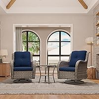 Vista 8 de Juego de 2 sillas de patio giratorias de 360 grados para exteriores y mesa auxiliar a juego – 3 sillas deslizantes de mimbre para patio con cojines
