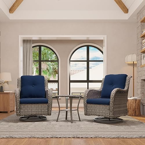 Miniatura 8 de Juego de 2 sillas de patio giratorias de 360 grados para exteriores y mesa auxiliar a juego  3 sillas deslizantes de mimbre para patio con cojines