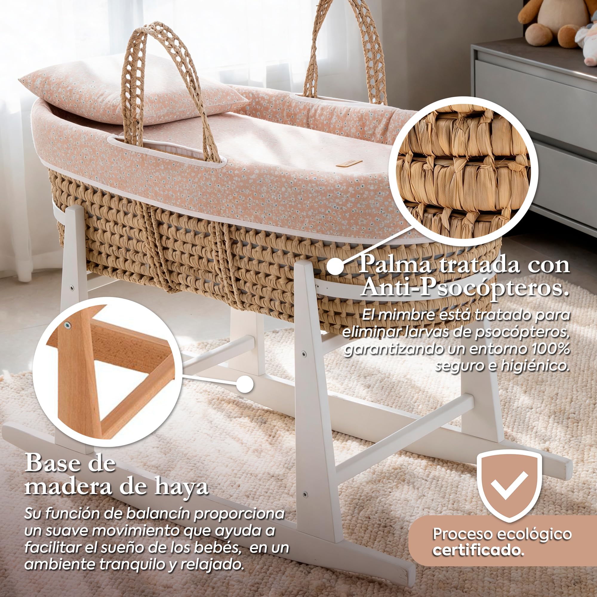 Cambrass-moisés para bebé con Soporte de Madera-capazo de Palma para los Primeros Meses del bebé-moisés de Mimbre con Asas para facilitar su traslado - Abete Beige/Natural 39x80x25 Cm