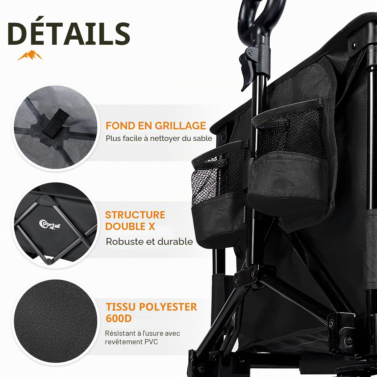 Portal Chariot de Plage avec Freins, Chariot de Plage pour Sable avec Roues Larges, Chariot de Camping de 300 L, Chariot de Camping avec hayon réglable, Chariot Pliable Robuste pour événement de