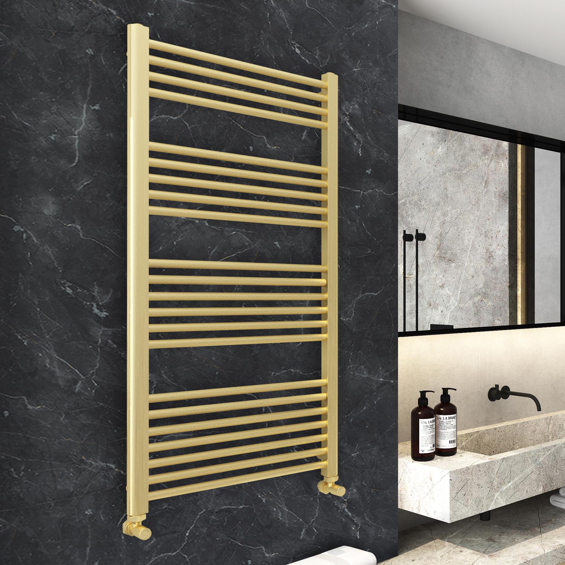 Nwt Direct Brushed Brass 600Mm (W) X 1200Mm (H) Straight Heated Towel Ladder Rail Bathroom Radiator - 2330 Btus