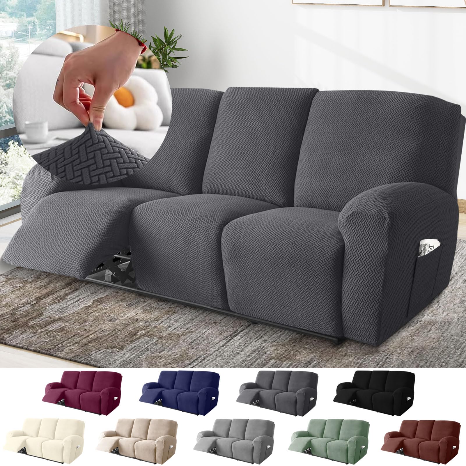 BOYIFEIJIE 3-Seater Recliner Sofa Covers, All-Inclusive Striped Jacquard Sofa Slipcover with Pocket, Non-Slip Stretch Recliner Protector for Living Room Recliner Sofa (Dark Gray, 8-Pieces)