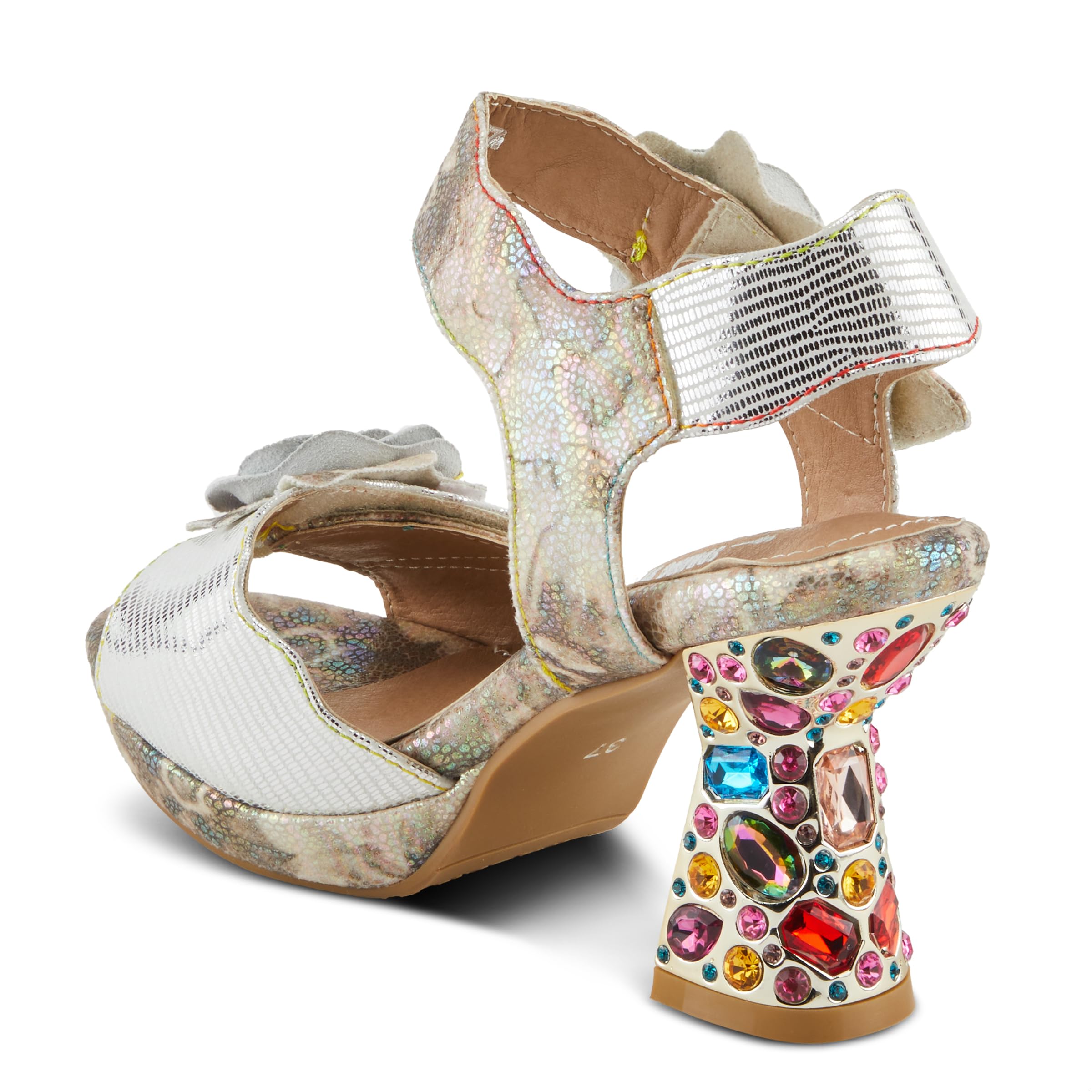 Spring Step L'Artiste Women's SMASHING Metallic Leather Sandals - Opulent Decorative Flowers, Sculpted Jewel Heel, Wearable Art Footwear