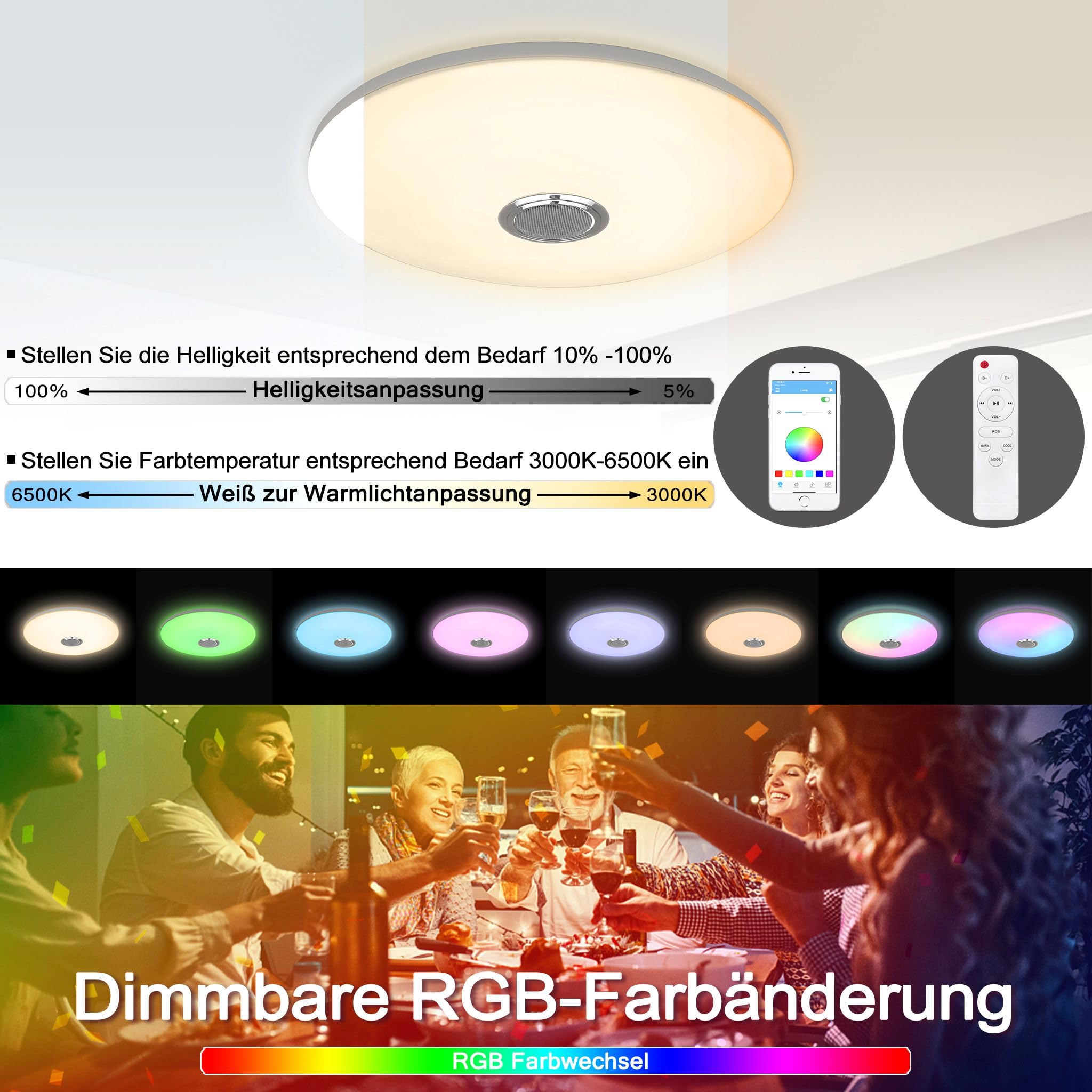 YRHome Lampada da soffitto a LED RGB ultra sottile, dimmerabile, con altoparlante Bluetooth, telecomando, lampada da soffitto, rotonda, con riproduzione musicale, per soggiorno, camera da letto, 60 W