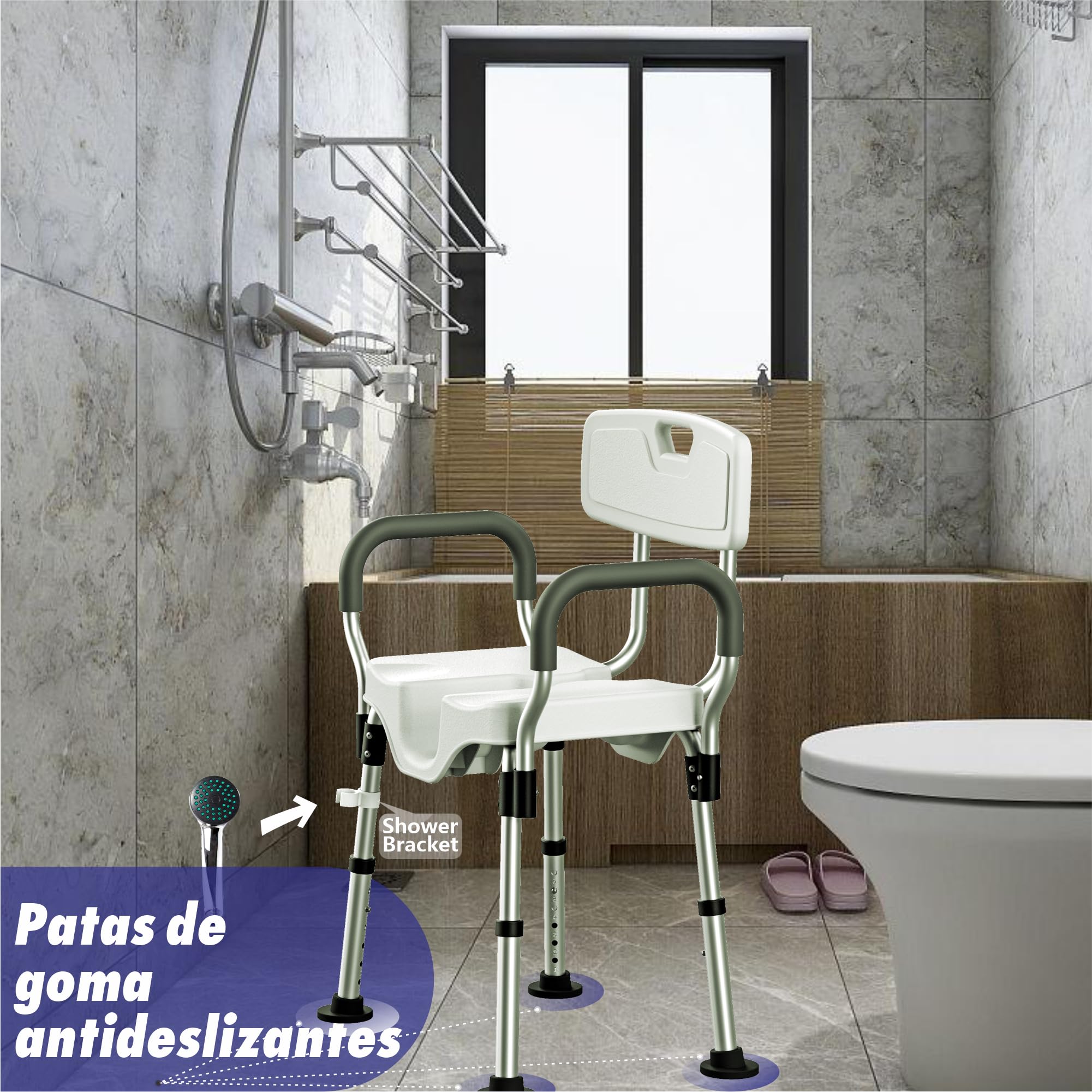 Silla de Ducha, Taburete Baño, Diseño de Ranura en Forma de U | Regulable en Altura, con Reposabrazos y Respaldo, patas antideslizantes, Capacidad de carga para Personas Mayores (150 kg)