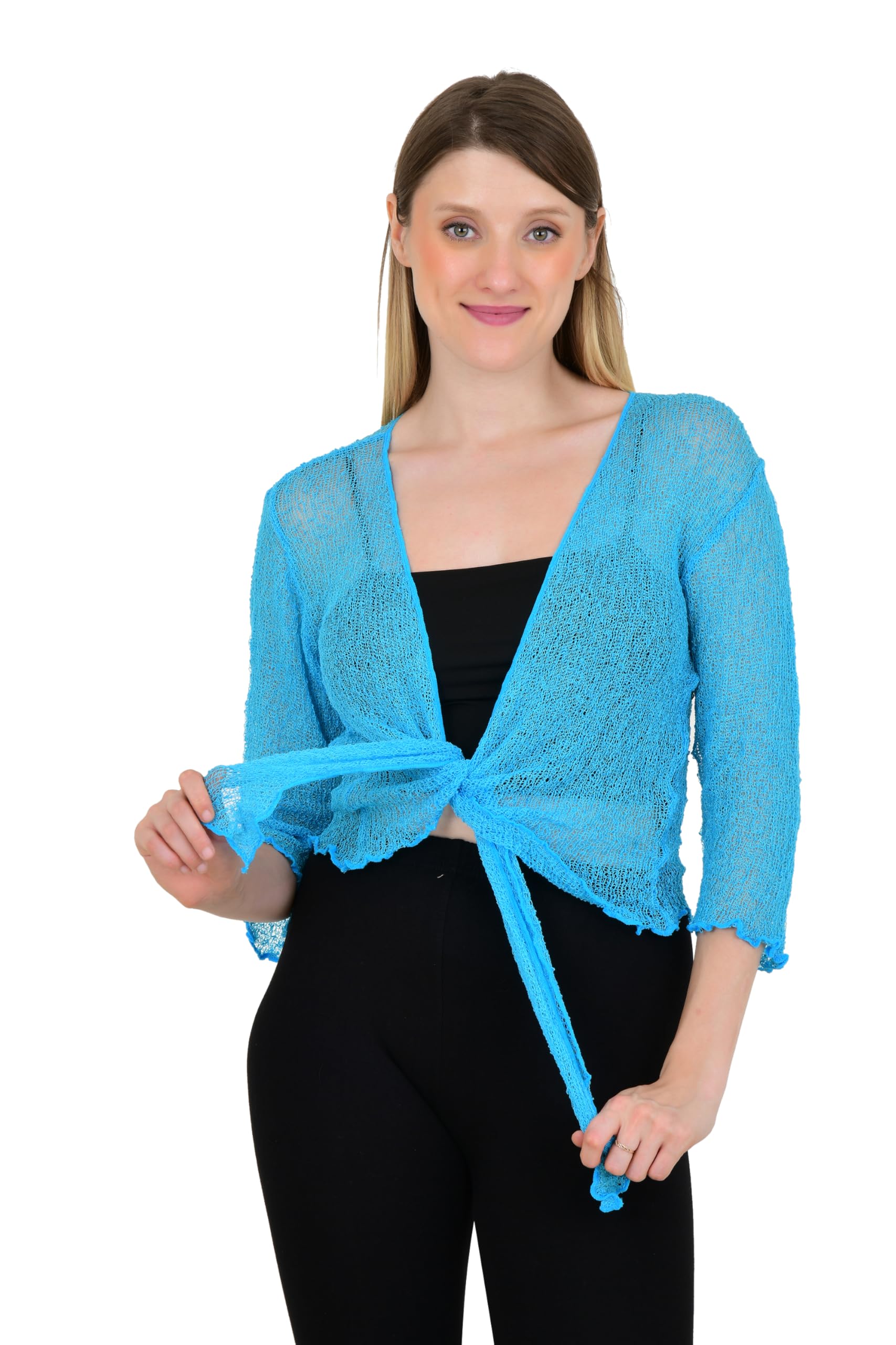 Women’s Sheer Mesh Shrug Cardigan | Crochet Knit Tie-Front Bolero | 3/4 Sleeve Summer Cover-Up Free Size Turquoise-picture-44